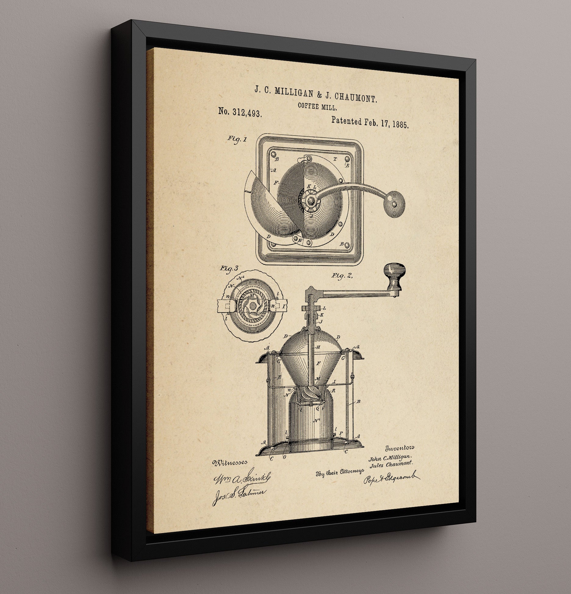 Patent Print - Coffee Mill - J.C. Milligan And J. Chaumont - 1885 - Patent 312493 Patent Wall Art