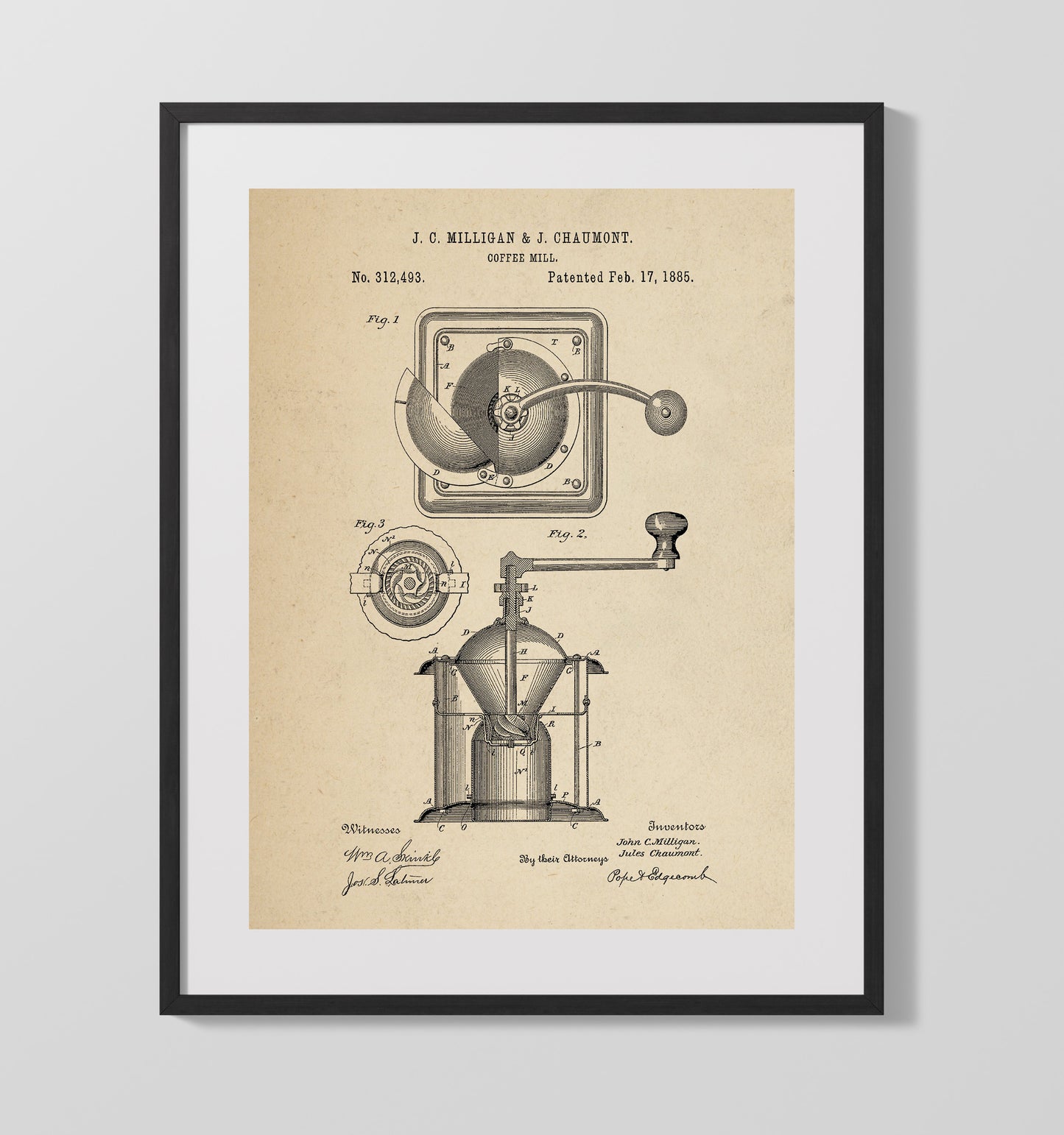 Patent Print - Coffee Mill - J.C. Milligan And J. Chaumont - 1885 - Patent 312493 Patent Wall Art