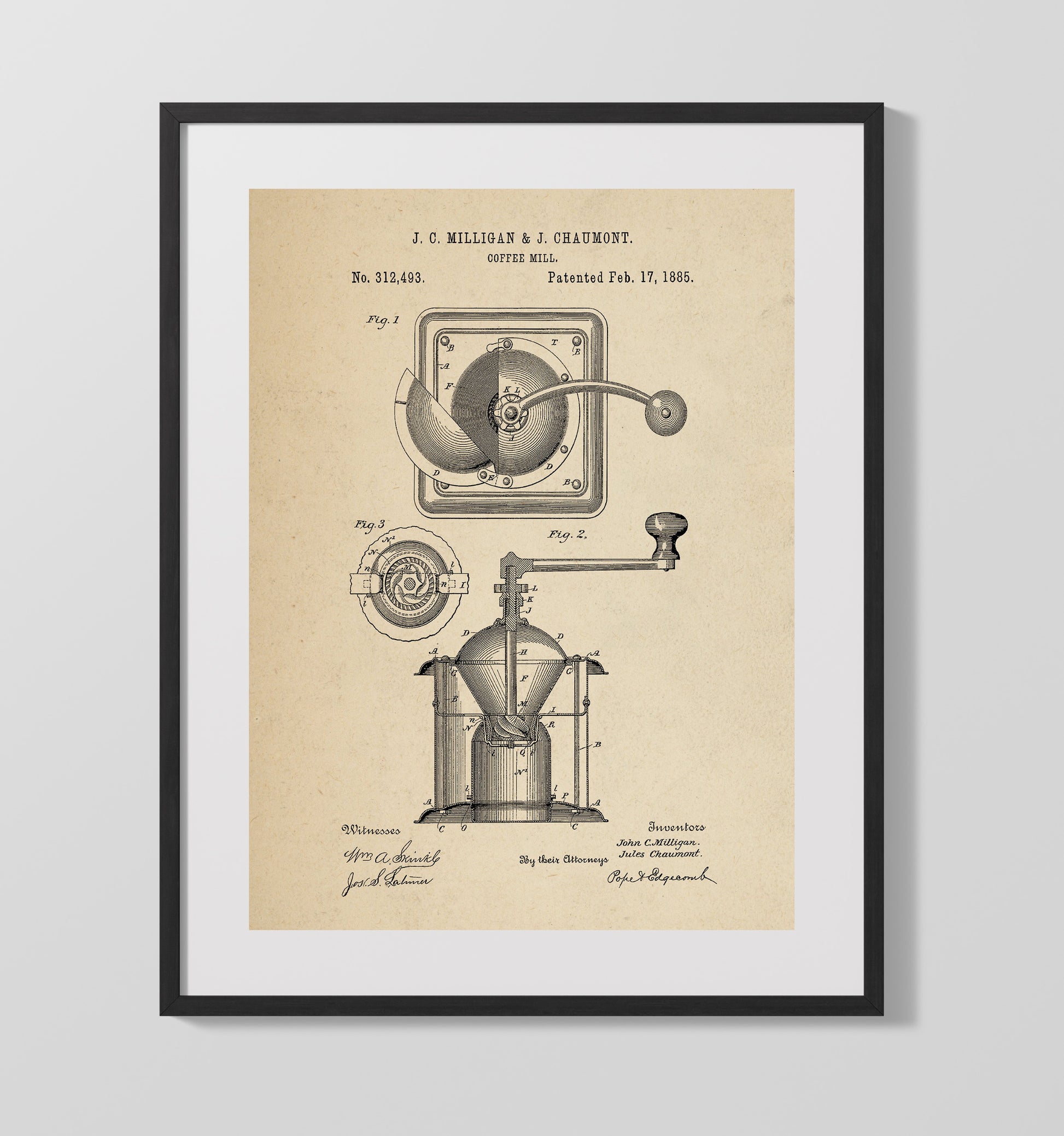 Patent Print - Coffee Mill - J.C. Milligan And J. Chaumont - 1885 - Patent 312493 Patent Wall Art