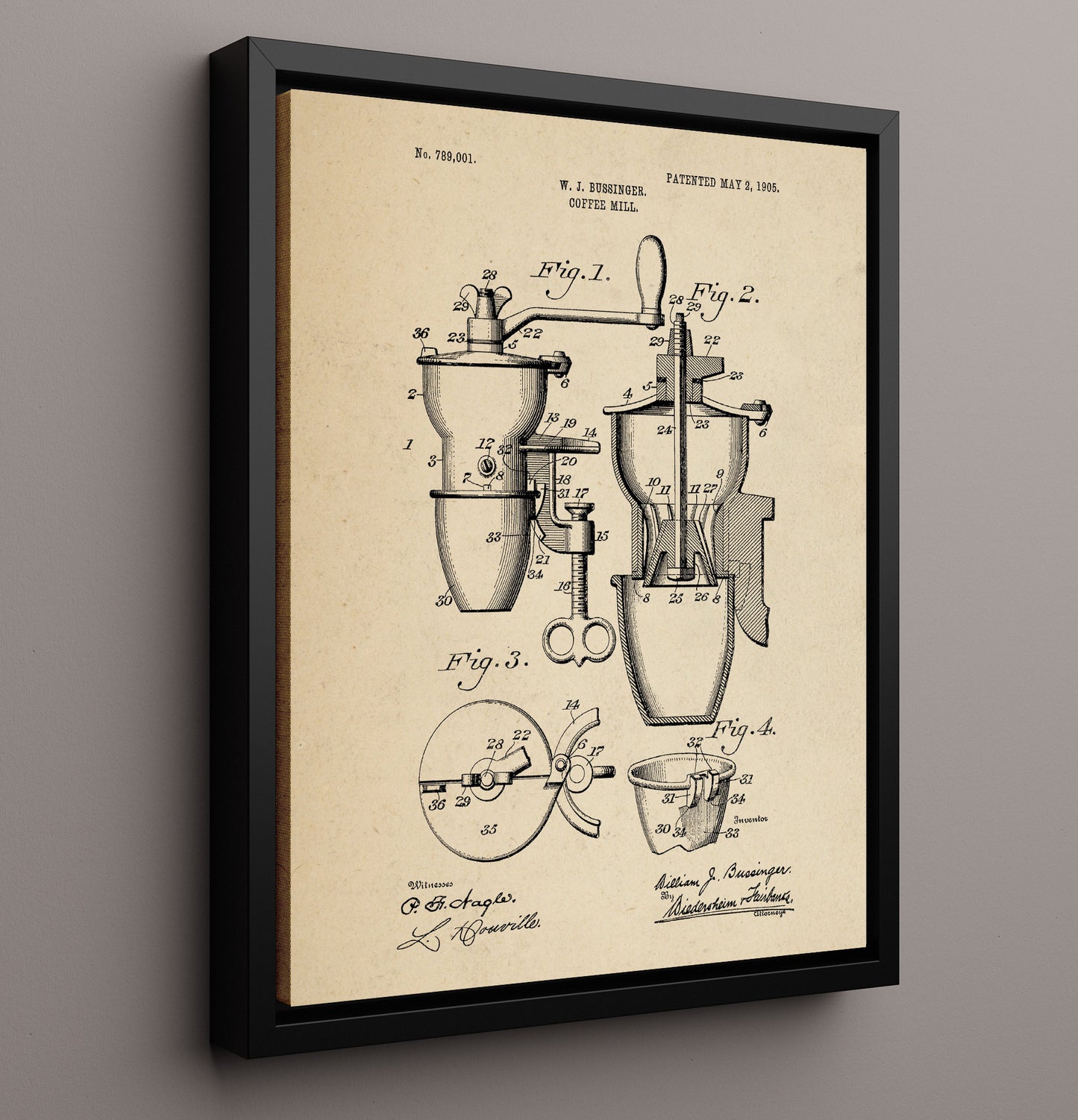 Patent Print - Coffee Mill - W.J. Bussinger - 1905 - Patent 789001 Patent Wall Art