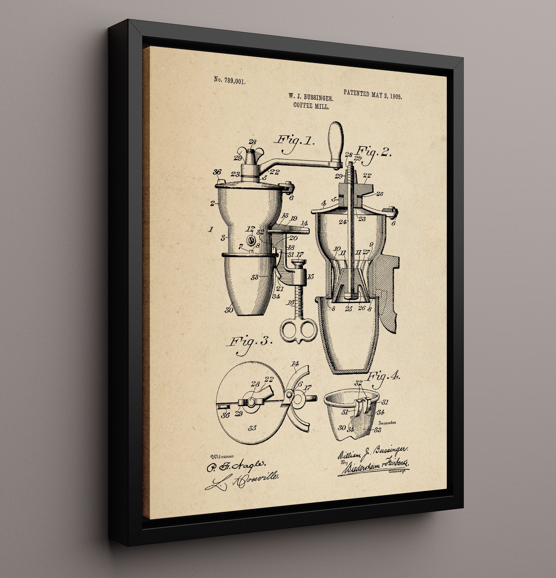 Patent Print - Coffee Mill - W.J. Bussinger - 1905 - Patent 789001 Patent Wall Art