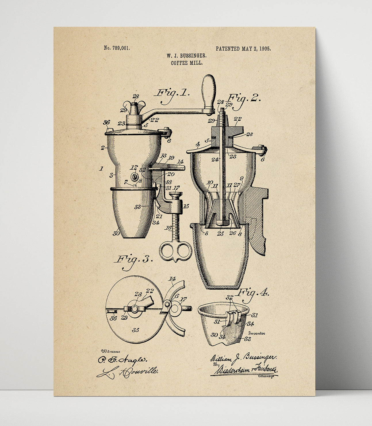 Patent Print - Coffee Mill - W.J. Bussinger - 1905 - Patent 789001 Patent Wall Art