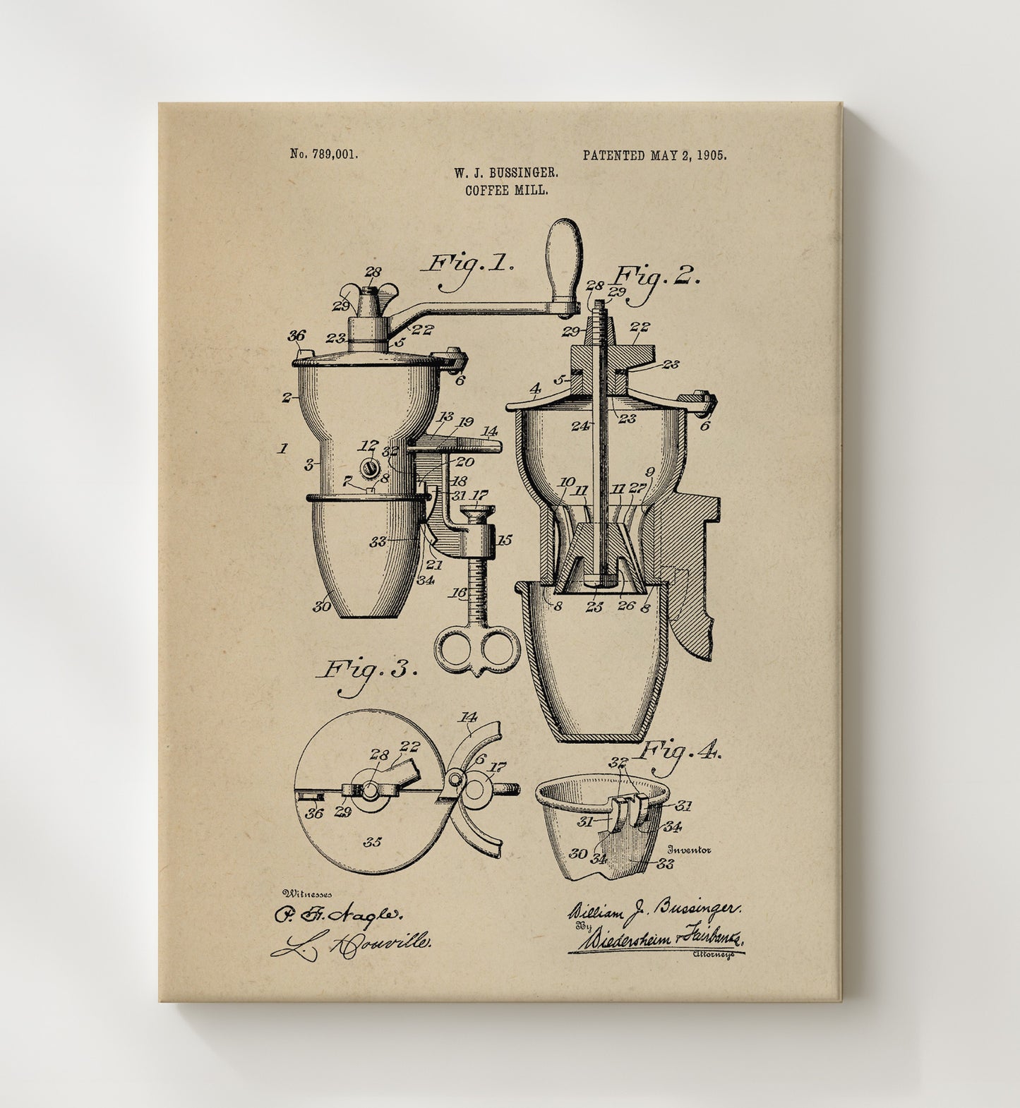 Patent Print - Coffee Mill - W.J. Bussinger - 1905 - Patent 789001 Patent Wall Art
