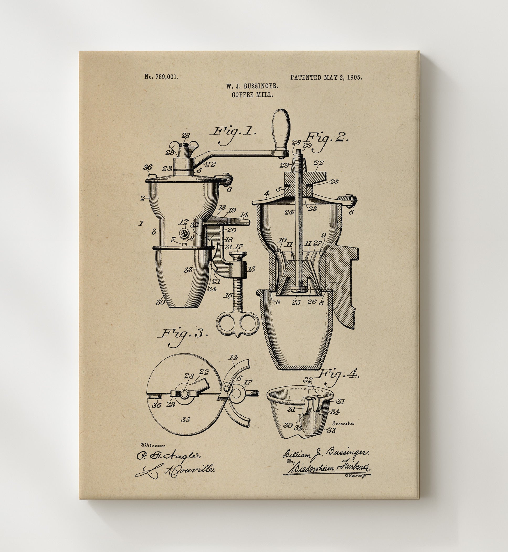 Patent Print - Coffee Mill - W.J. Bussinger - 1905 - Patent 789001 Patent Wall Art
