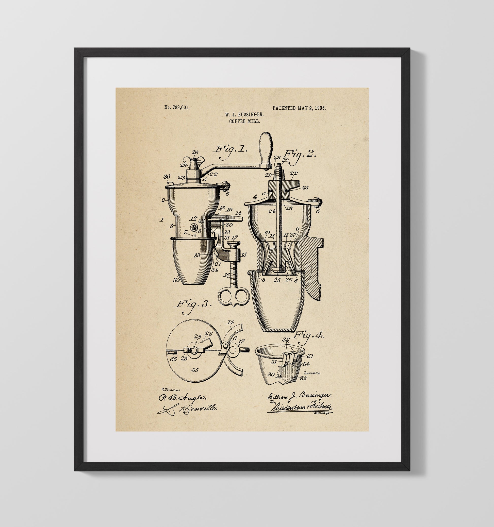 Patent Print - Coffee Mill - W.J. Bussinger - 1905 - Patent 789001 Patent Wall Art