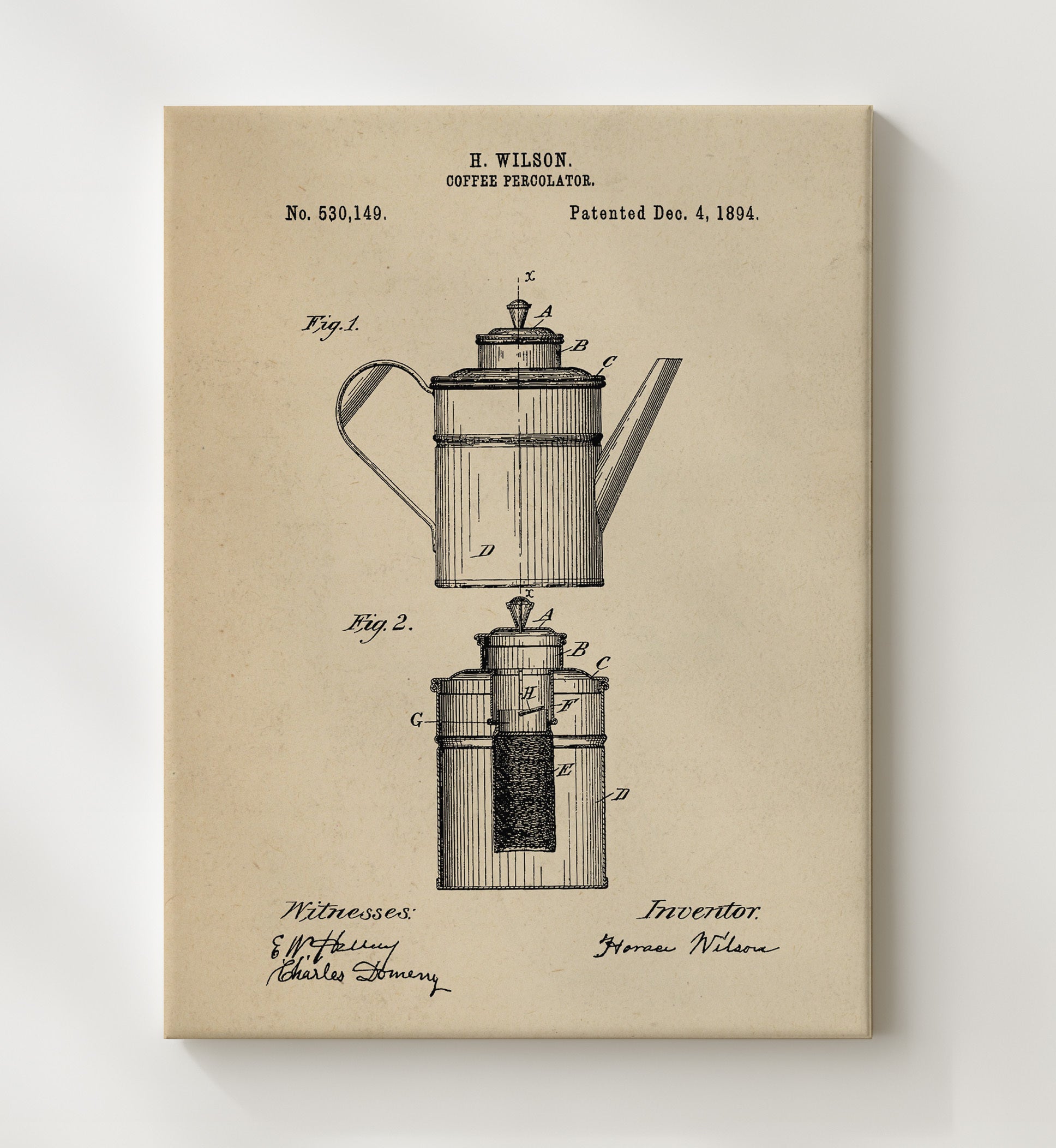 Patent Print - Coffee Percolator - H. Wilson - 1894 - Patent 530149 Patent Wall Art