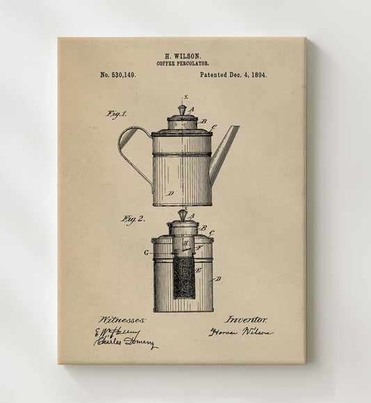Coffee Percolator 1894 patent print wall art 8x10 Canvas