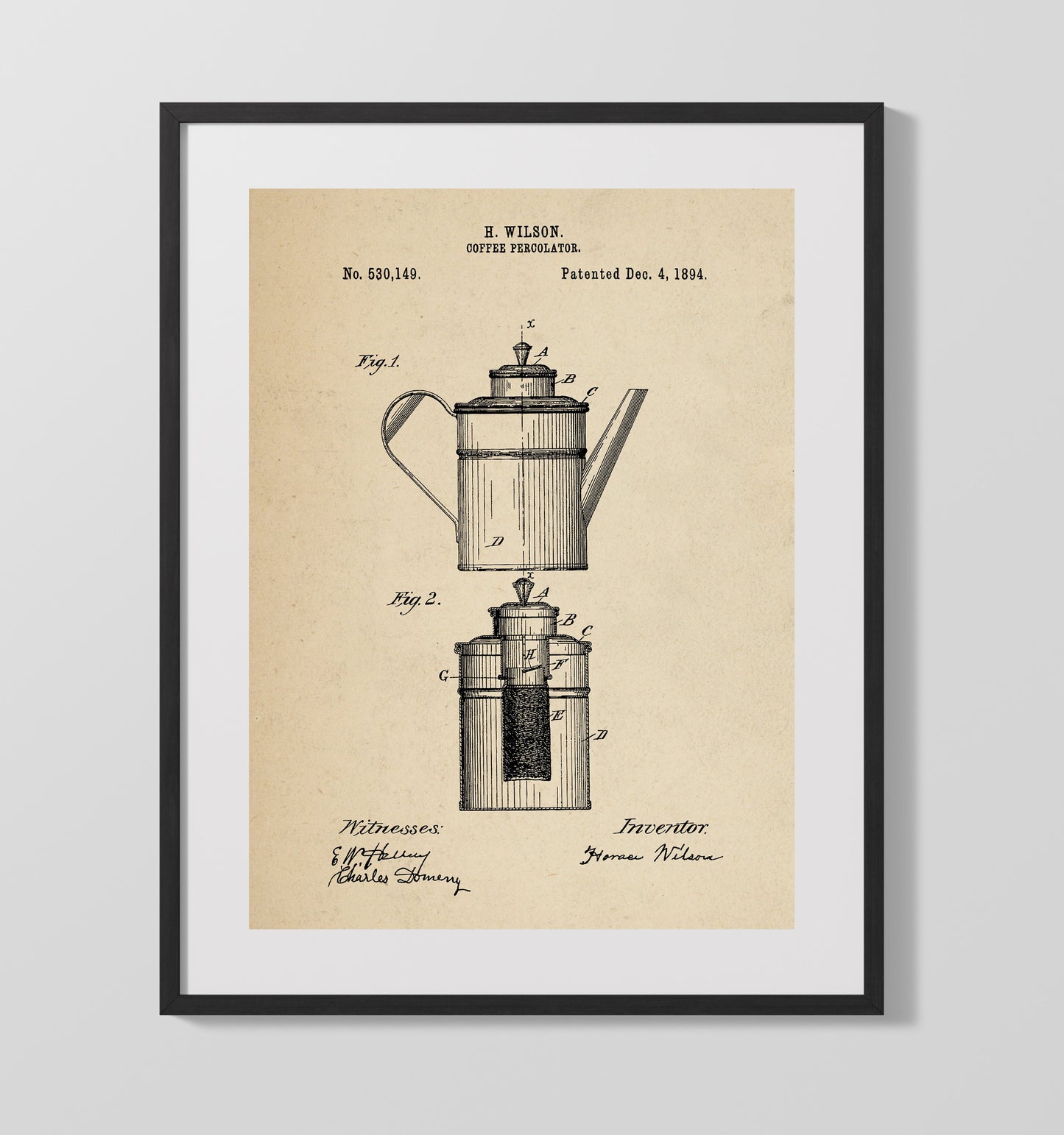 Patent Print - Coffee Percolator - H. Wilson - 1894 - Patent 530149 Patent Wall Art