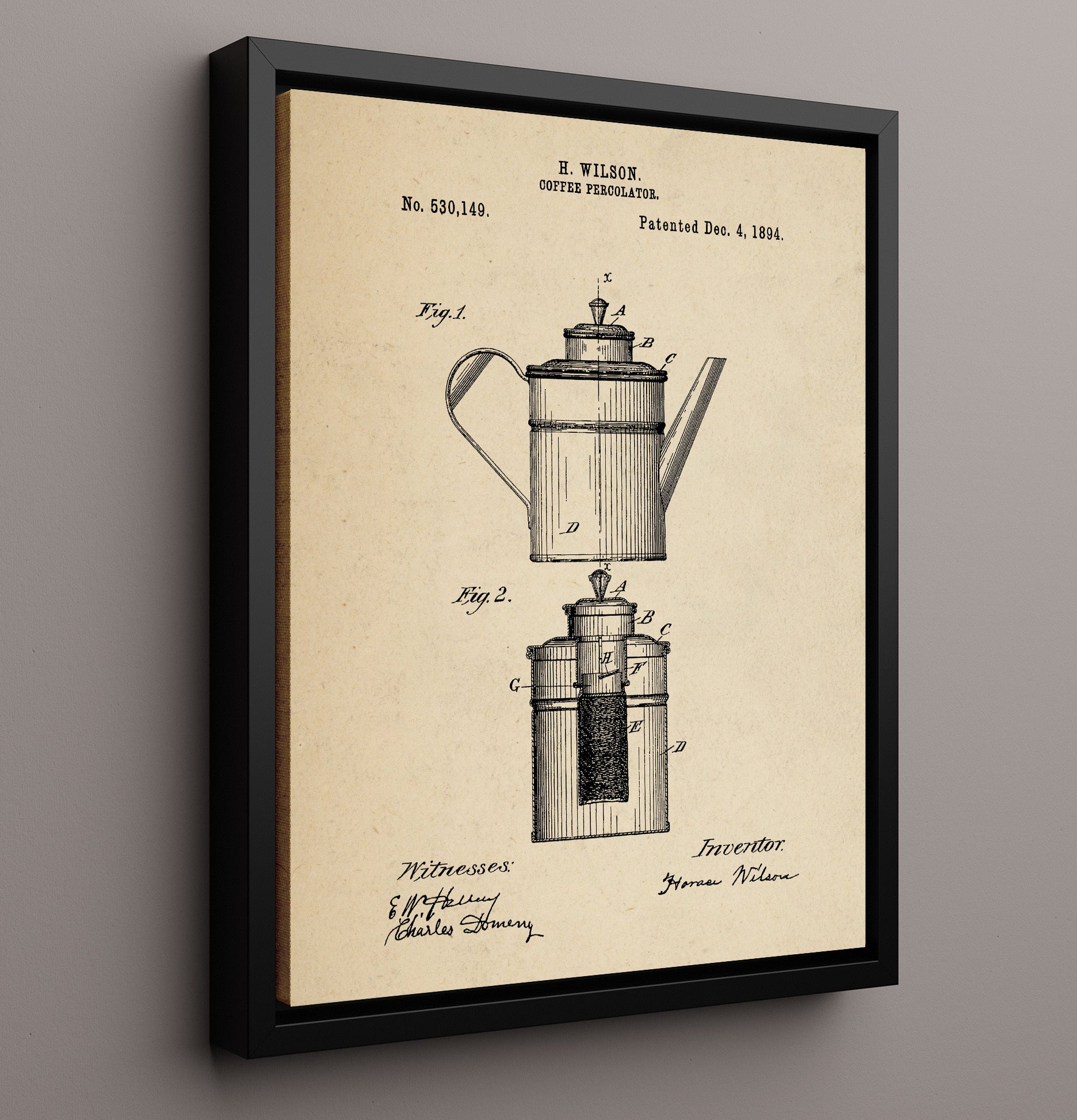 Patent Print - Coffee Percolator - H. Wilson - 1894 - Patent 530149 Patent Wall Art
