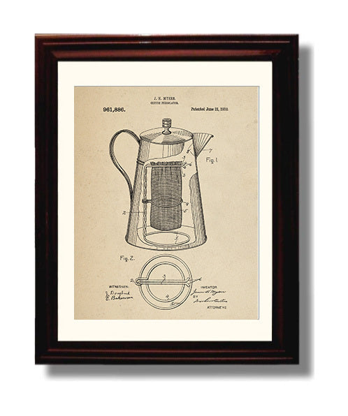 Patent Print - Coffee Percolator - J.H. Myers - 1910 - Patent 961886 Patent Wall Art