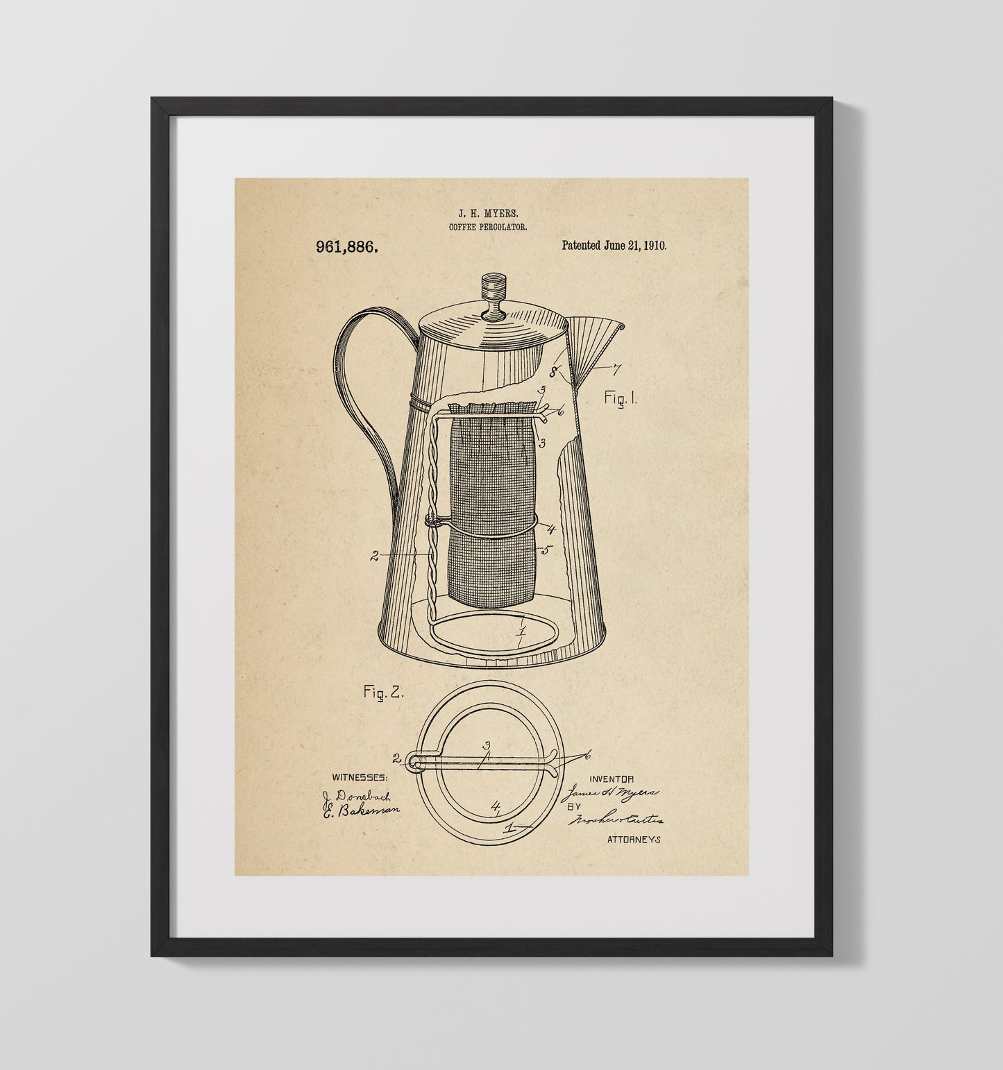 Patent Print - Coffee Percolator - J.H. Myers - 1910 - Patent 961886 Patent Wall Art