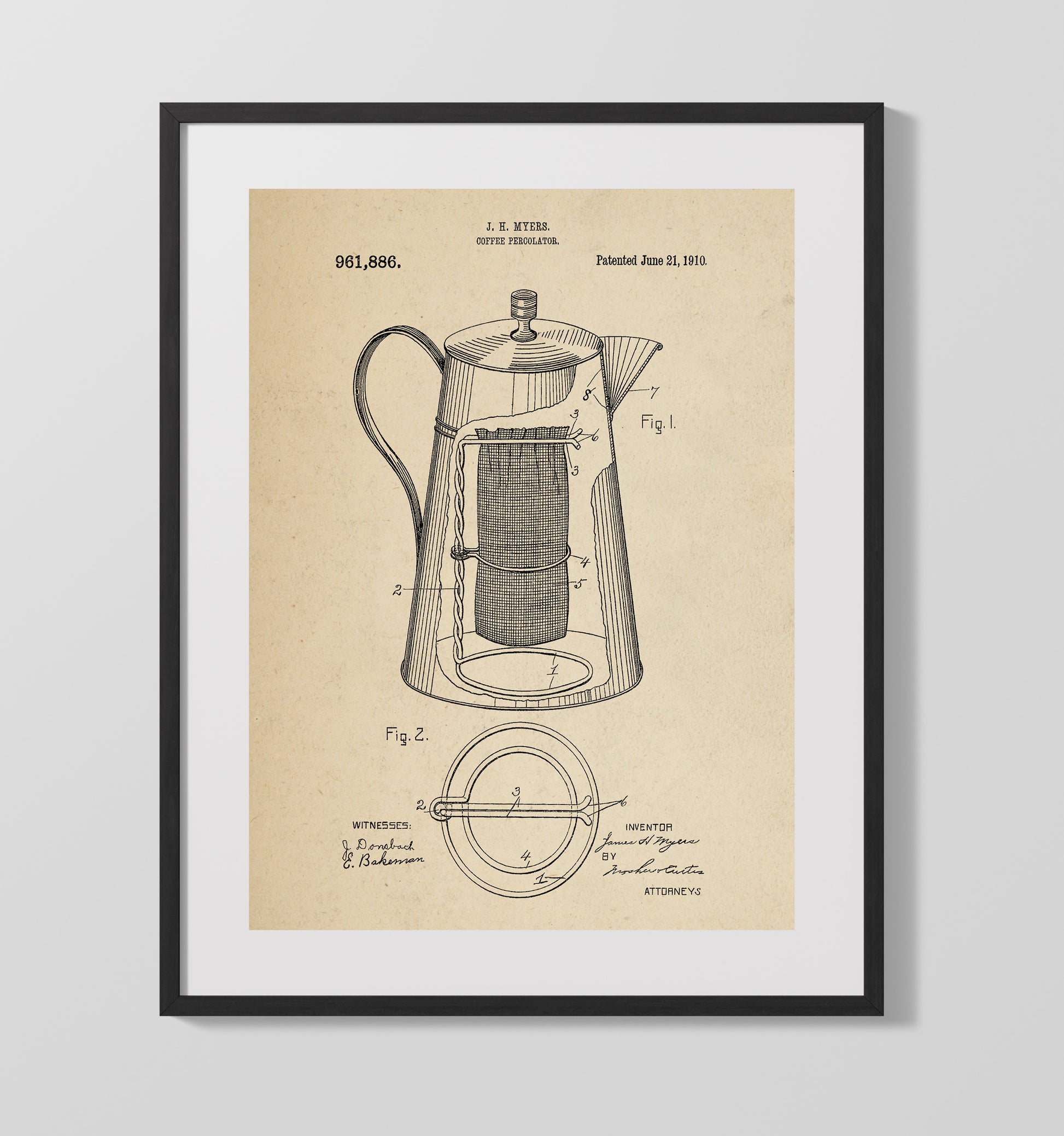 Patent Print - Coffee Percolator - J.H. Myers - 1910 - Patent 961886 Patent Wall Art