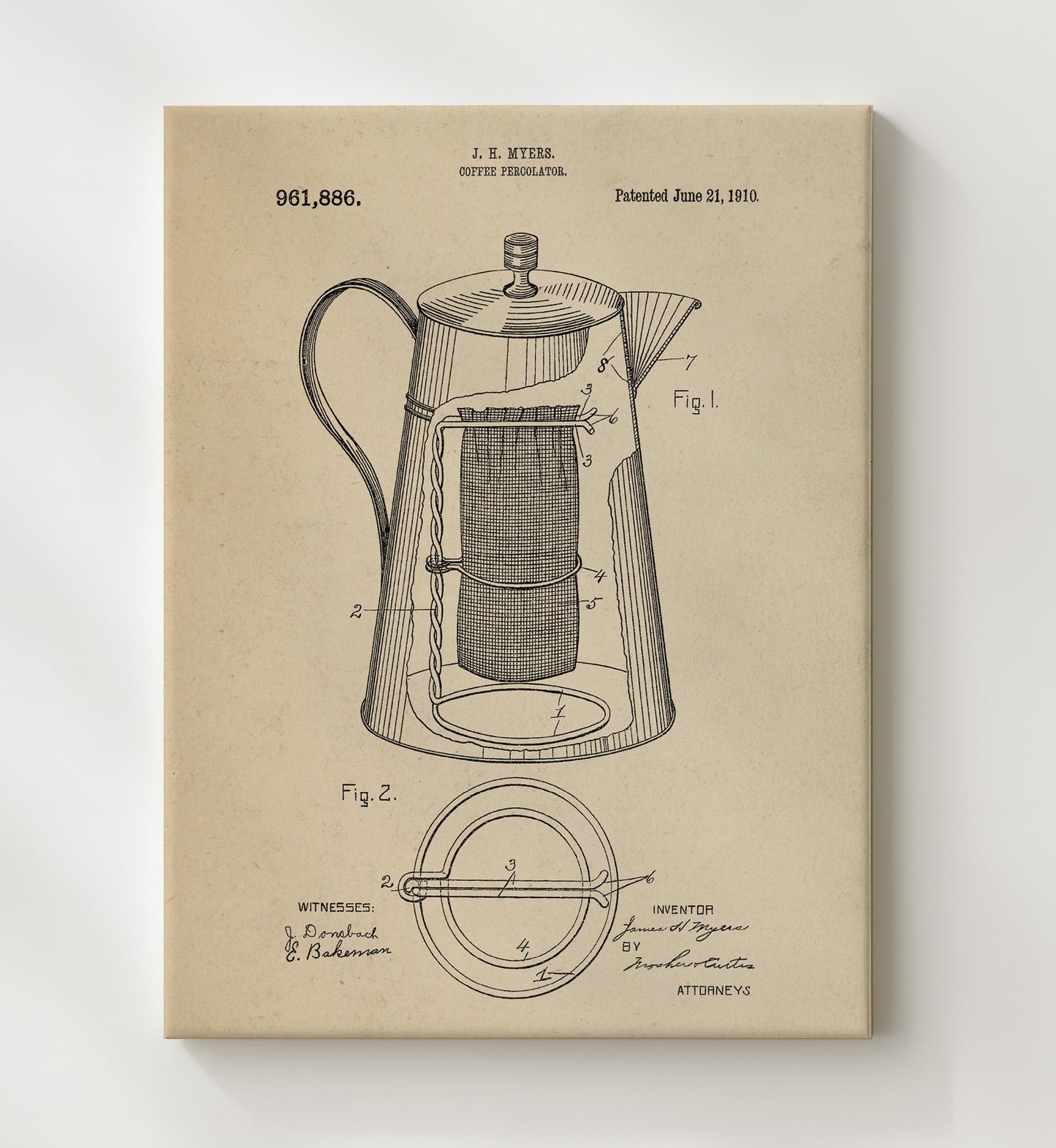 Patent Print - Coffee Percolator - J.H. Myers - 1910 - Patent 961886 Patent Wall Art