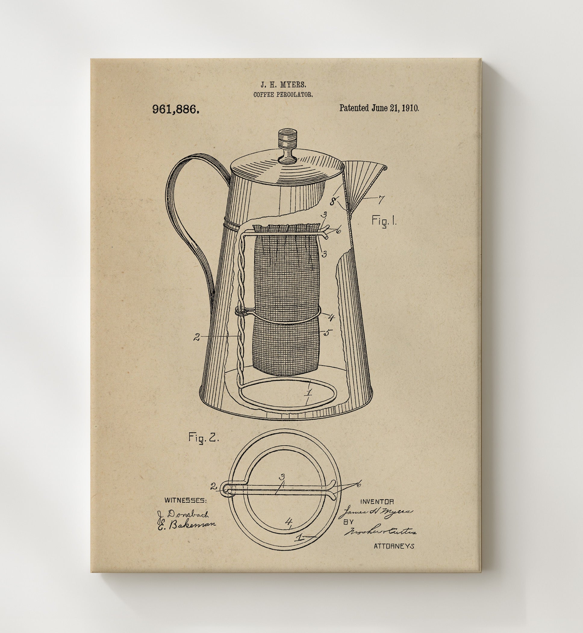 Patent Print - Coffee Percolator - J.H. Myers - 1910 - Patent 961886 Patent Wall Art