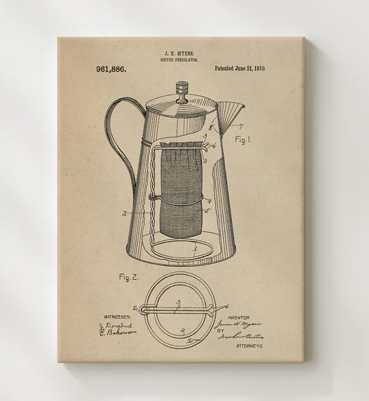 Coffee Percolator 1910 patent print wall art 8x10 Canvas