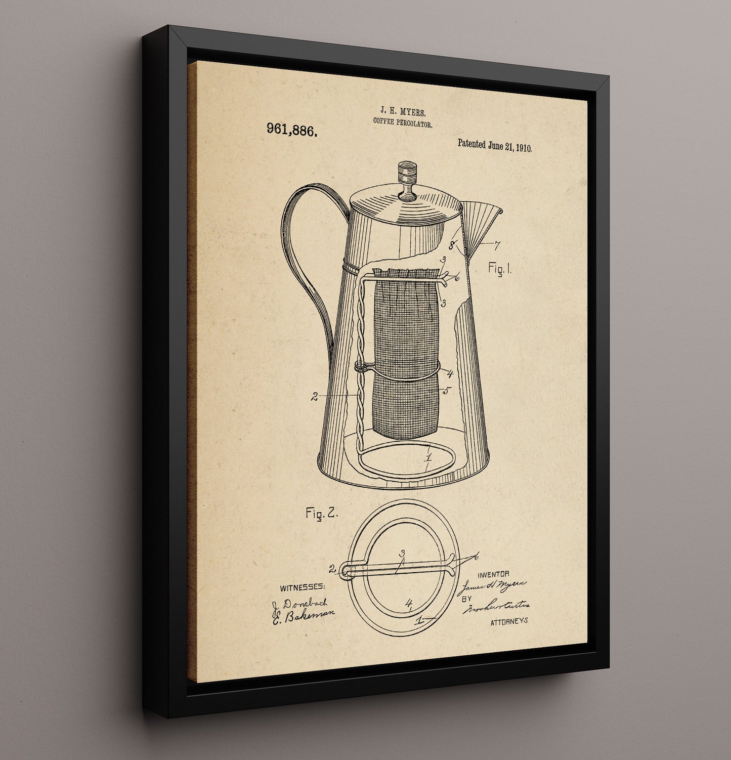 Patent Print - Coffee Percolator - J.H. Myers - 1910 - Patent 961886 Patent Wall Art