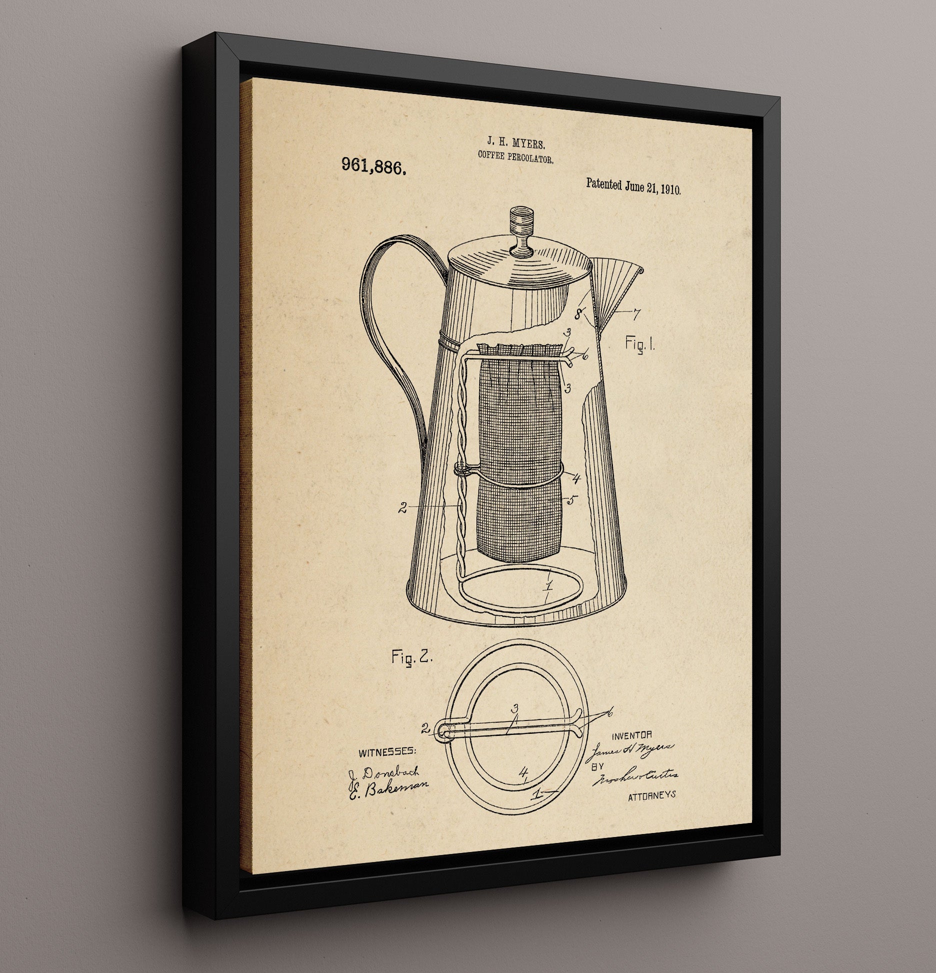 Patent Print - Coffee Percolator - J.H. Myers - 1910 - Patent 961886 Patent Wall Art
