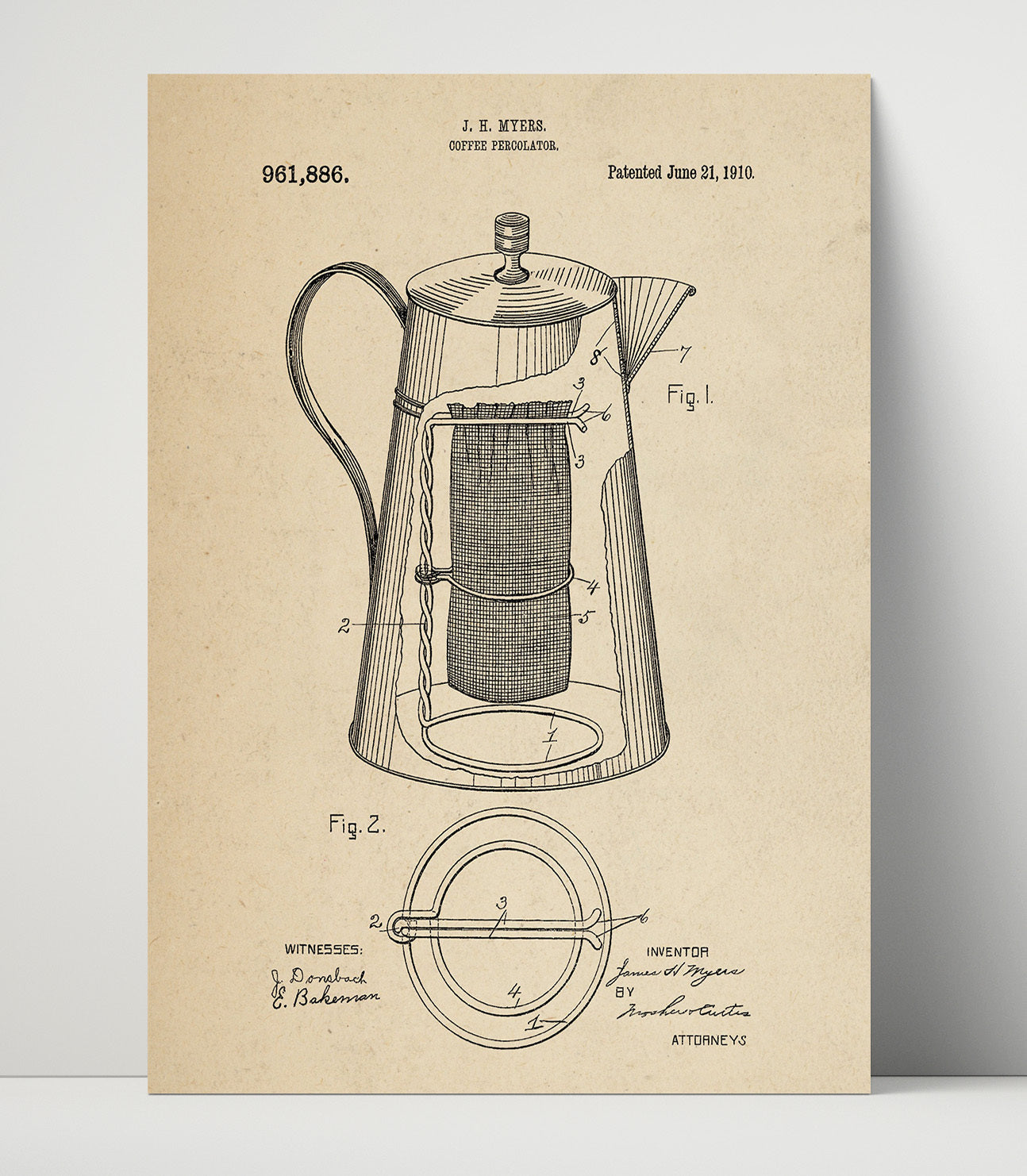 Patent Print - Coffee Percolator - J.H. Myers - 1910 - Patent 961886 Patent Wall Art