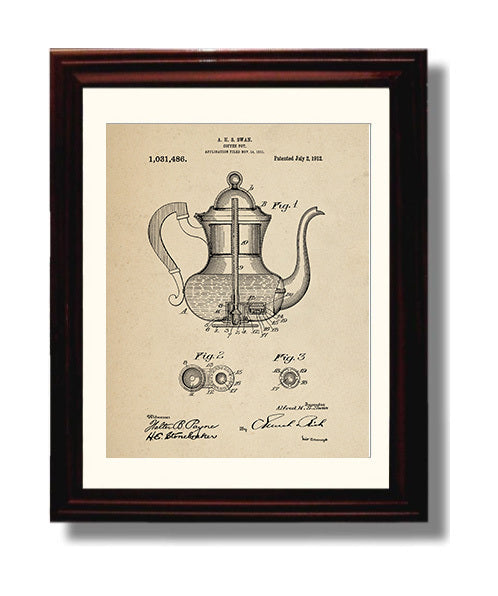 Patent Print - Coffee Pot - A.H.S. Swan - 1912 - Patent 1031486 Patent Wall Art