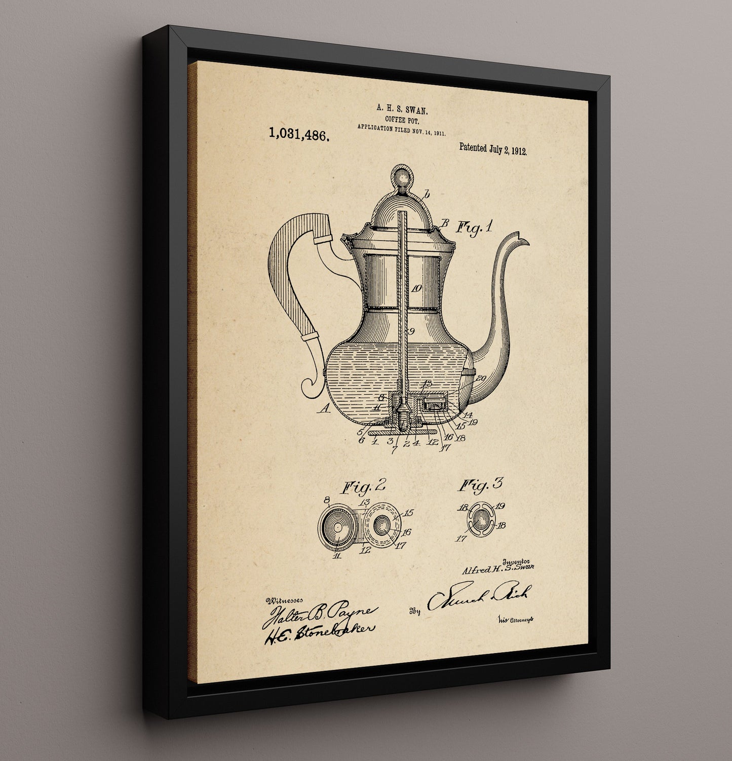 Patent Print - Coffee Pot - A.H.S. Swan - 1912 - Patent 1031486 Patent Wall Art