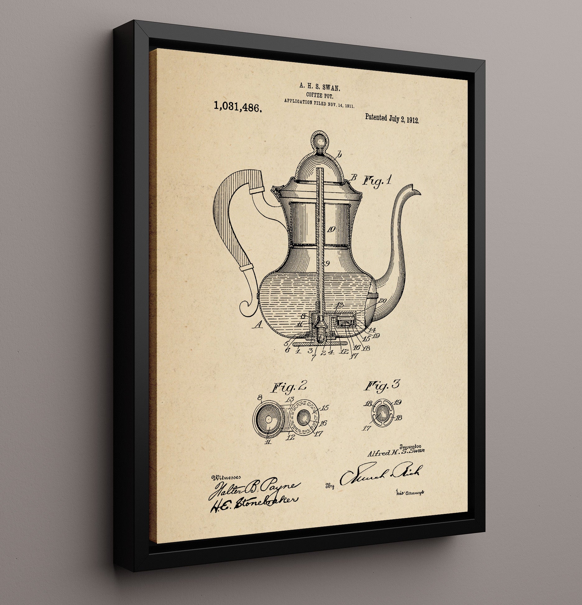 Patent Print - Coffee Pot - A.H.S. Swan - 1912 - Patent 1031486 Patent Wall Art