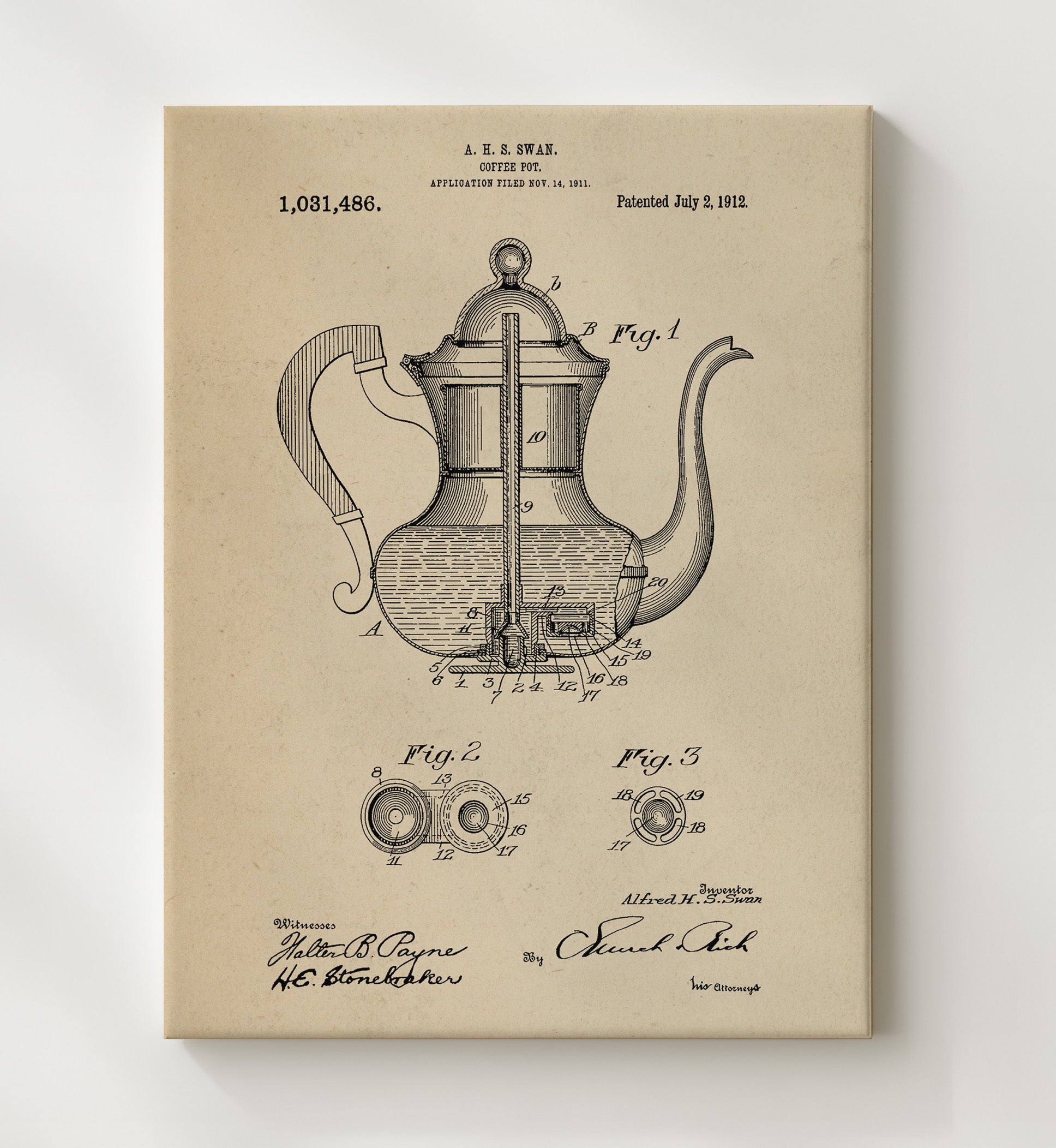 Patent Print - Coffee Pot - A.H.S. Swan - 1912 - Patent 1031486 Patent Wall Art
