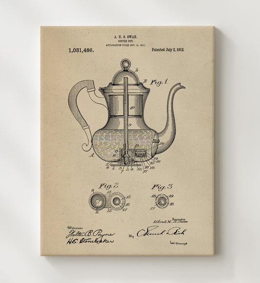 Coffee Pot 1912 patent print wall art 8x10 Canvas