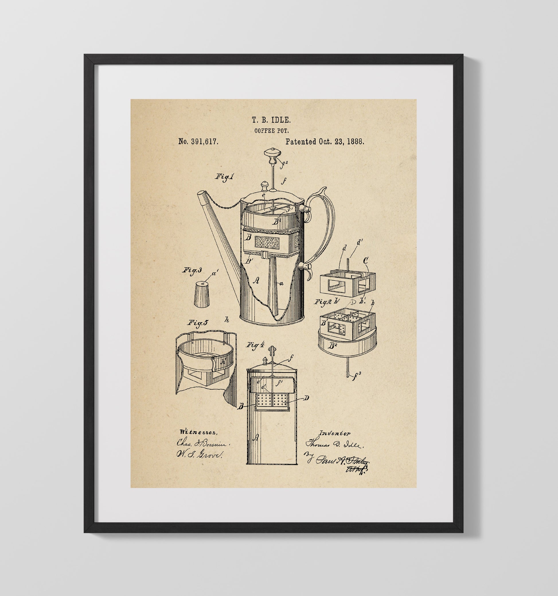 Patent Print - Coffee Pot - T.B. Idle - 1888 - Patent 391617 Patent Wall Art