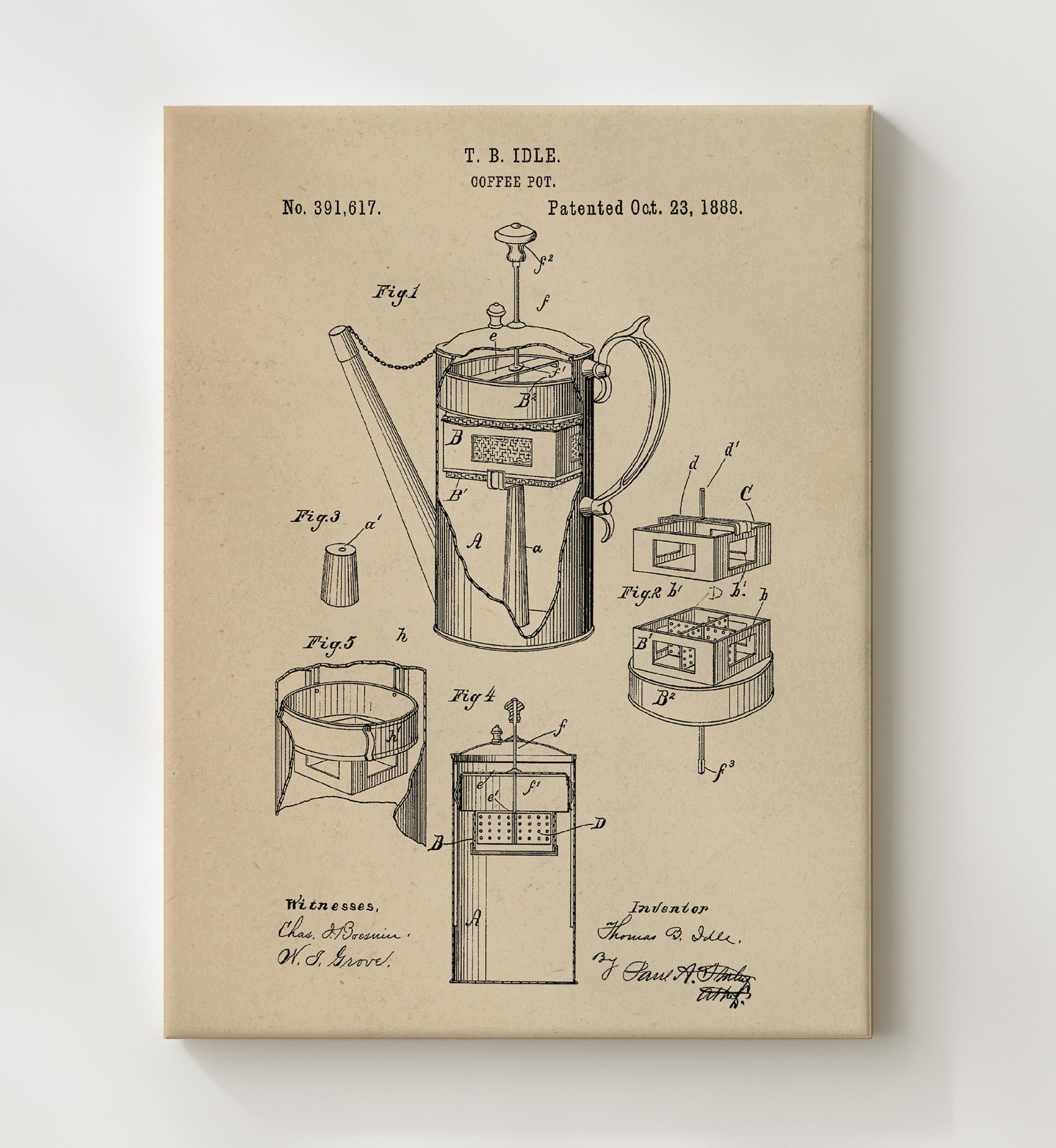 Patent Print - Coffee Pot - T.B. Idle - 1888 - Patent 391617 Patent Wall Art