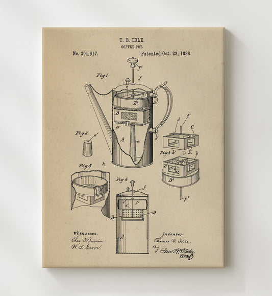 Coffee Pot 1888 patent print wall art 8x10 Canvas