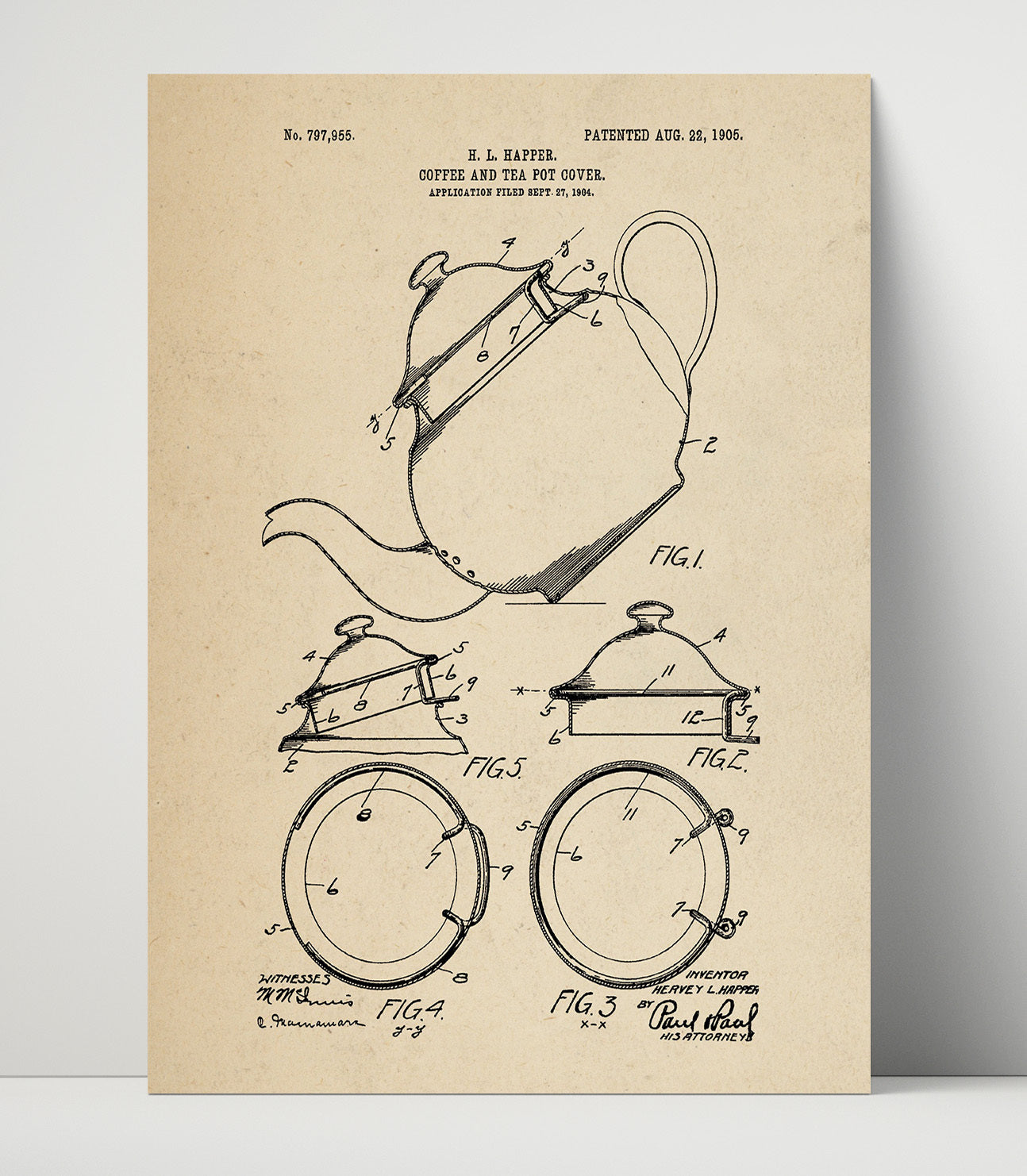 Patent Print - Coffee And Tea Pot Cover - H.L. Happer - 1905 - Patent 797955 Patent Wall Art