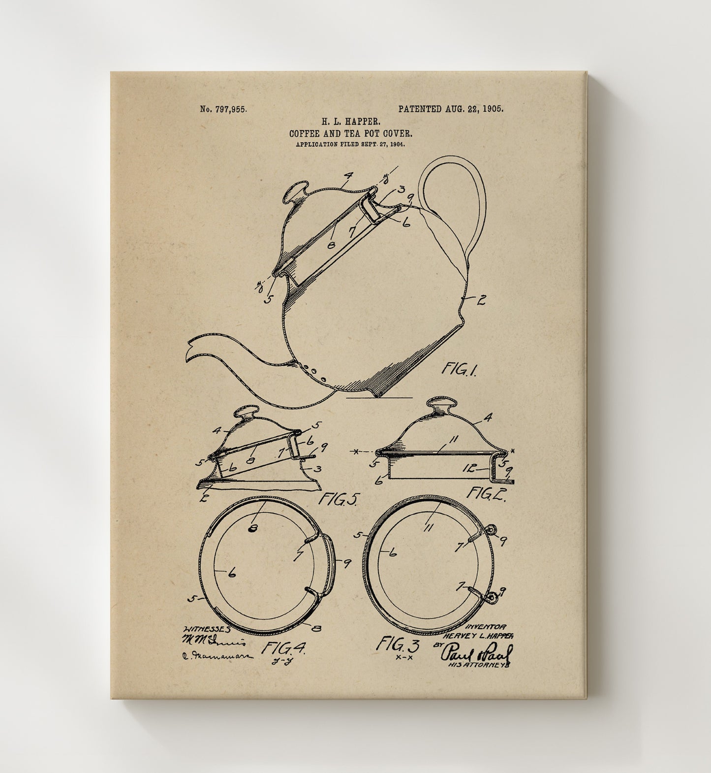 Patent Print - Coffee And Tea Pot Cover - H.L. Happer - 1905 - Patent 797955 Patent Wall Art