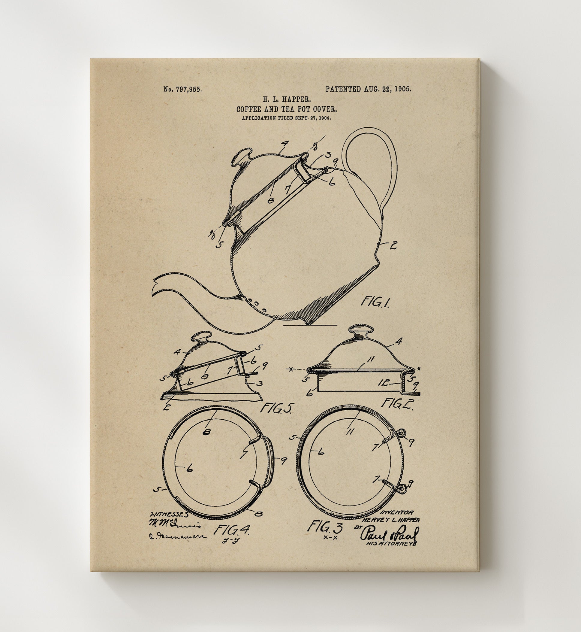 Patent Print - Coffee And Tea Pot Cover - H.L. Happer - 1905 - Patent 797955 Patent Wall Art