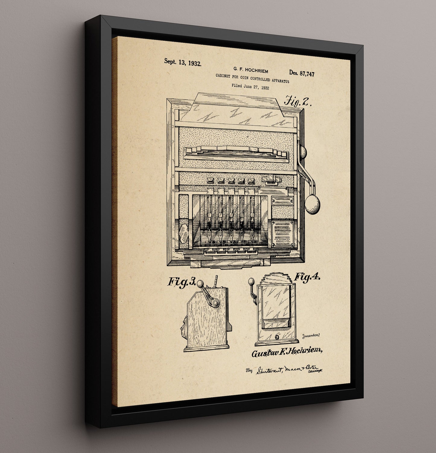 Patent Print - Coin Operated Cabinet - Gustav F Hochriem - 1932 - Patent D87747 Patent Wall Art