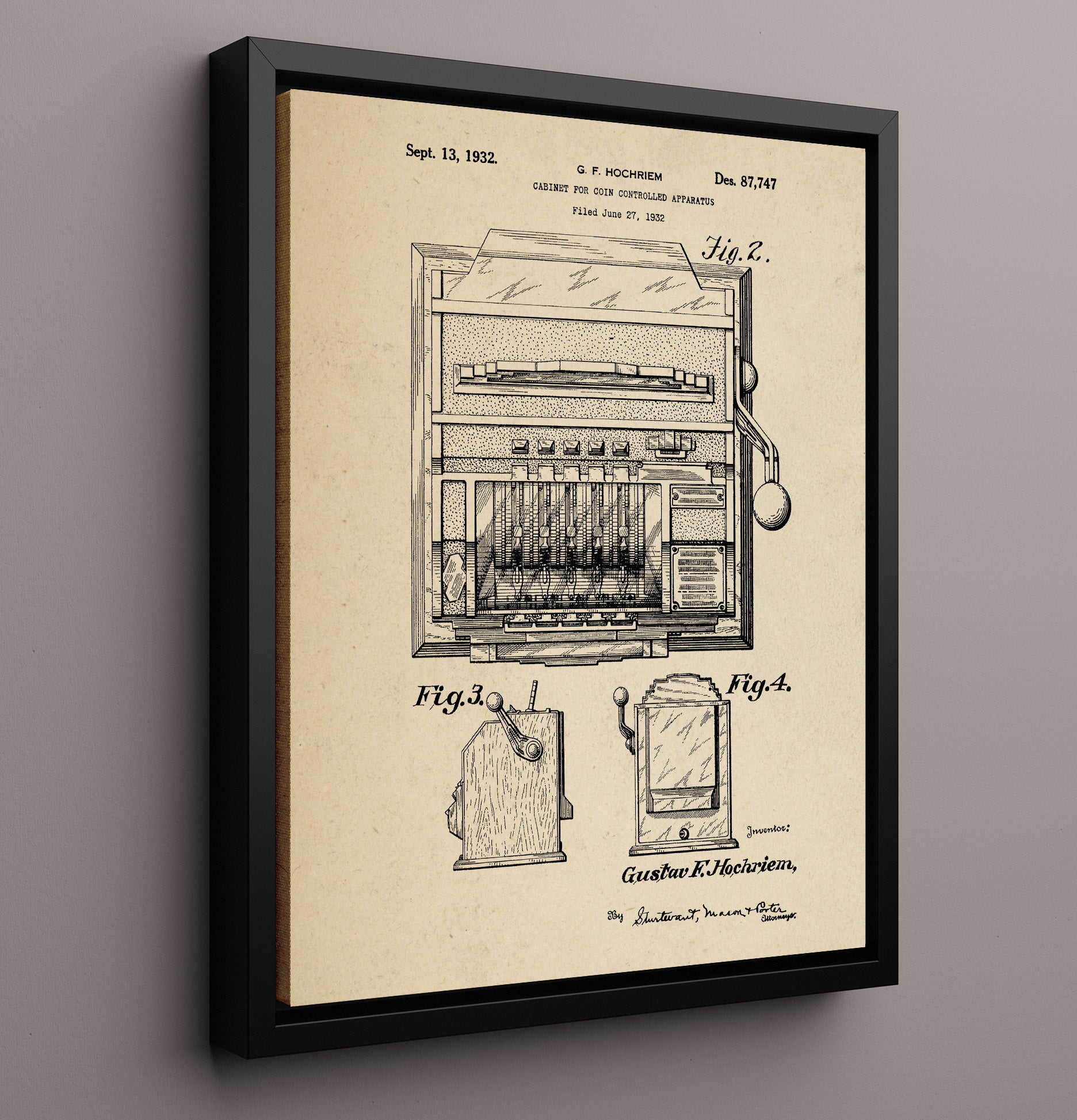 Patent Print - Coin Operated Cabinet - Gustav F Hochriem - 1932 - Patent D87747 Patent Wall Art