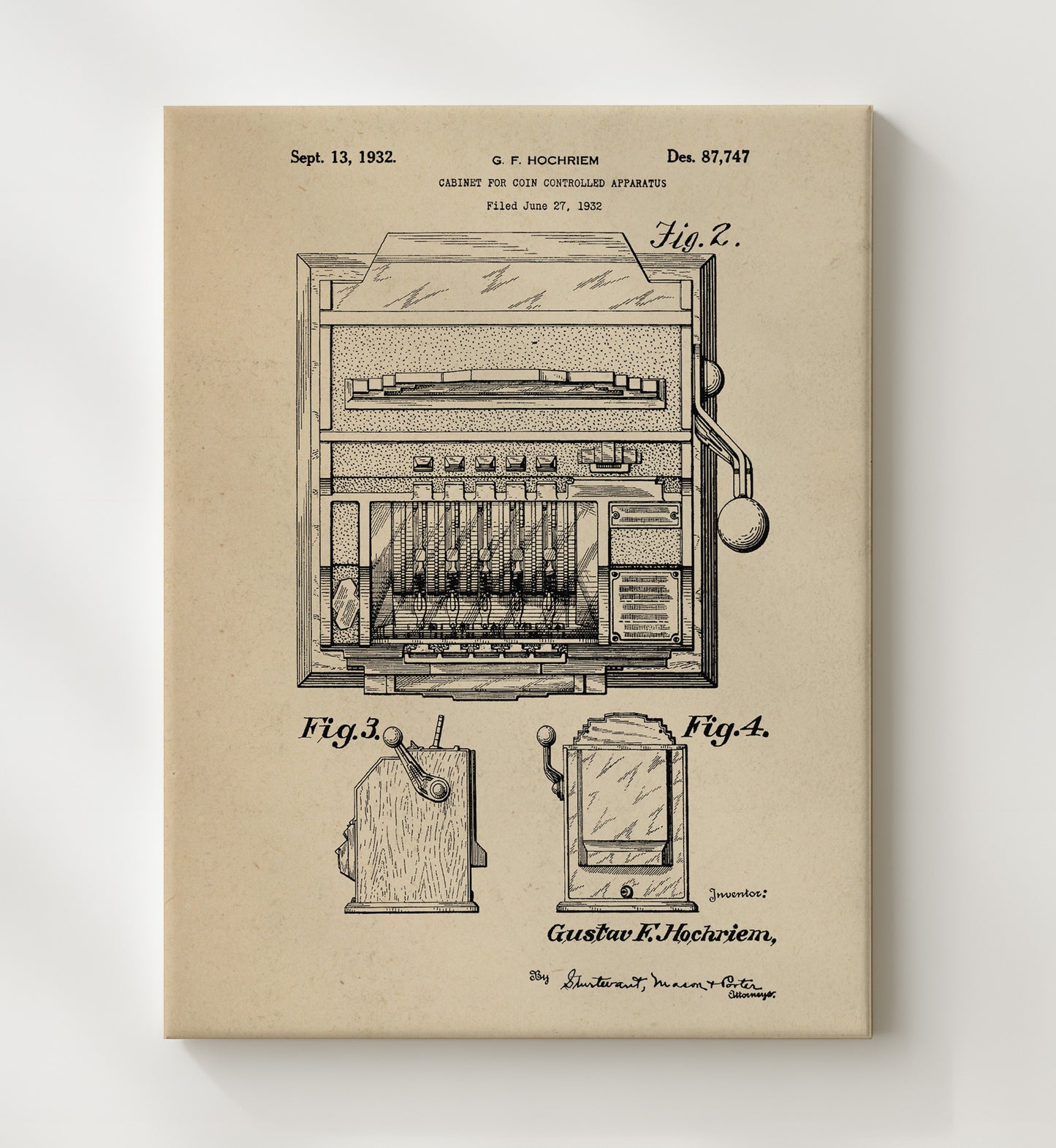 Patent Print - Coin Operated Cabinet - Gustav F Hochriem - 1932 - Patent D87747 Patent Wall Art