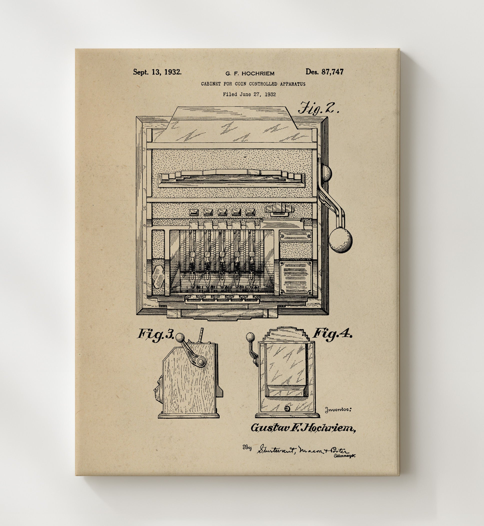 Patent Print - Coin Operated Cabinet - Gustav F Hochriem - 1932 - Patent D87747 Patent Wall Art