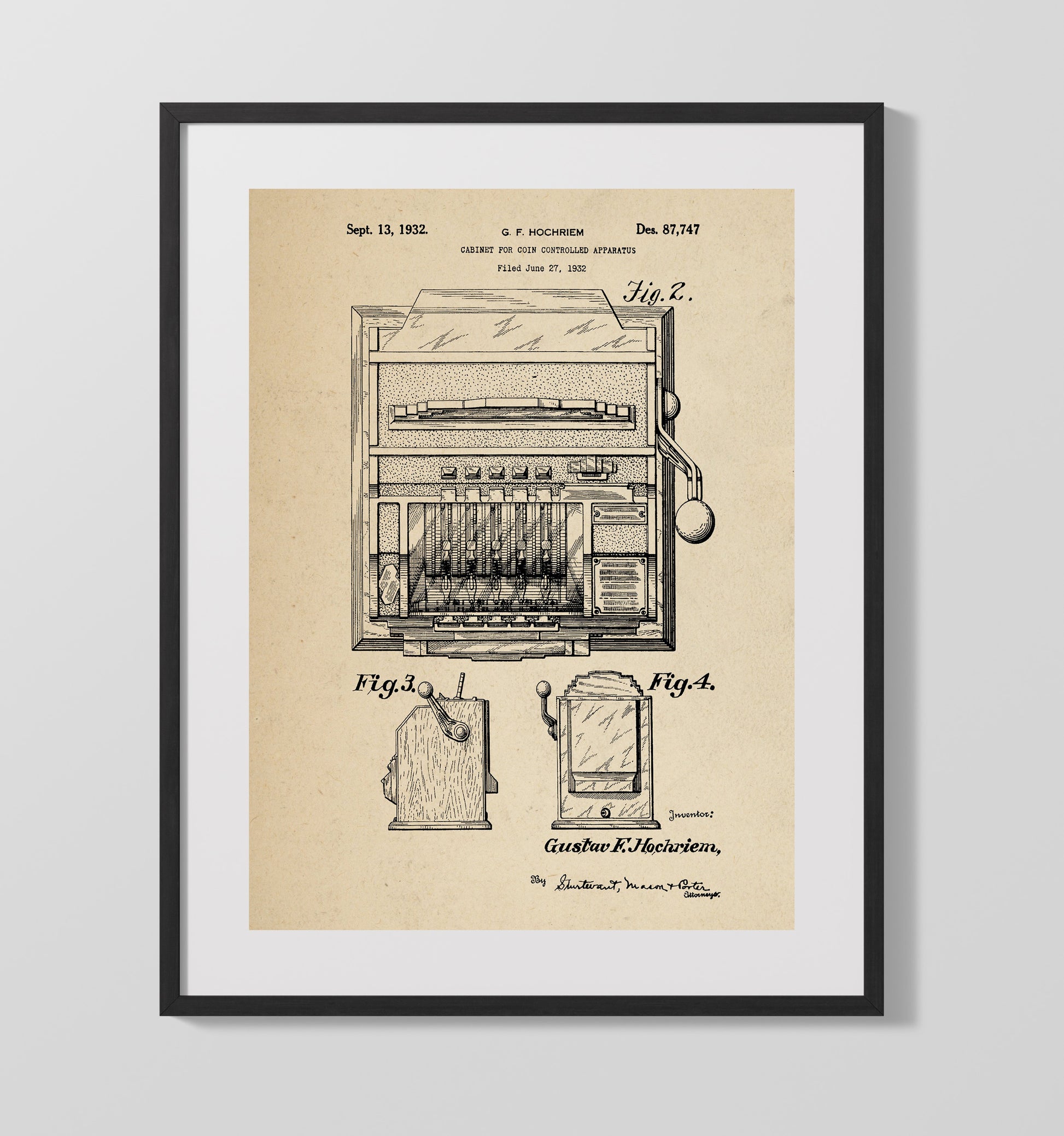 Patent Print - Coin Operated Cabinet - Gustav F Hochriem - 1932 - Patent D87747 Patent Wall Art