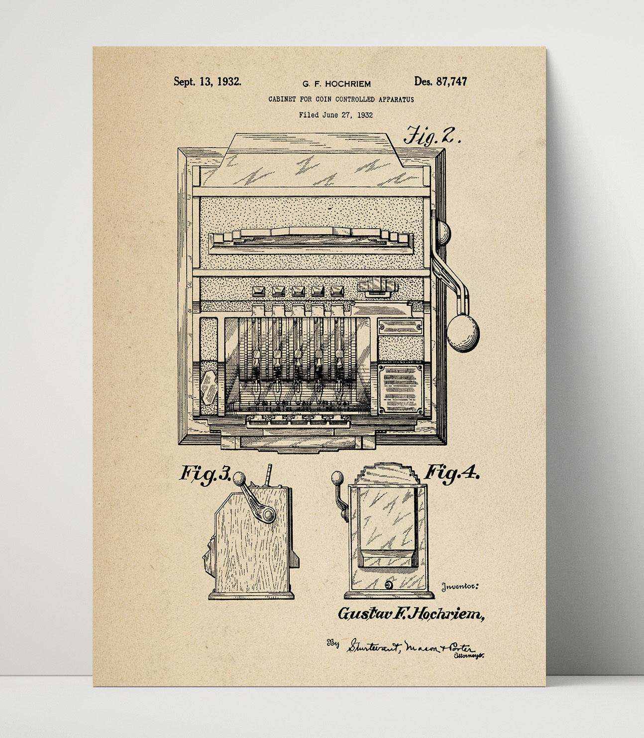 Patent Print - Coin Operated Cabinet - Gustav F Hochriem - 1932 - Patent D87747 Patent Wall Art