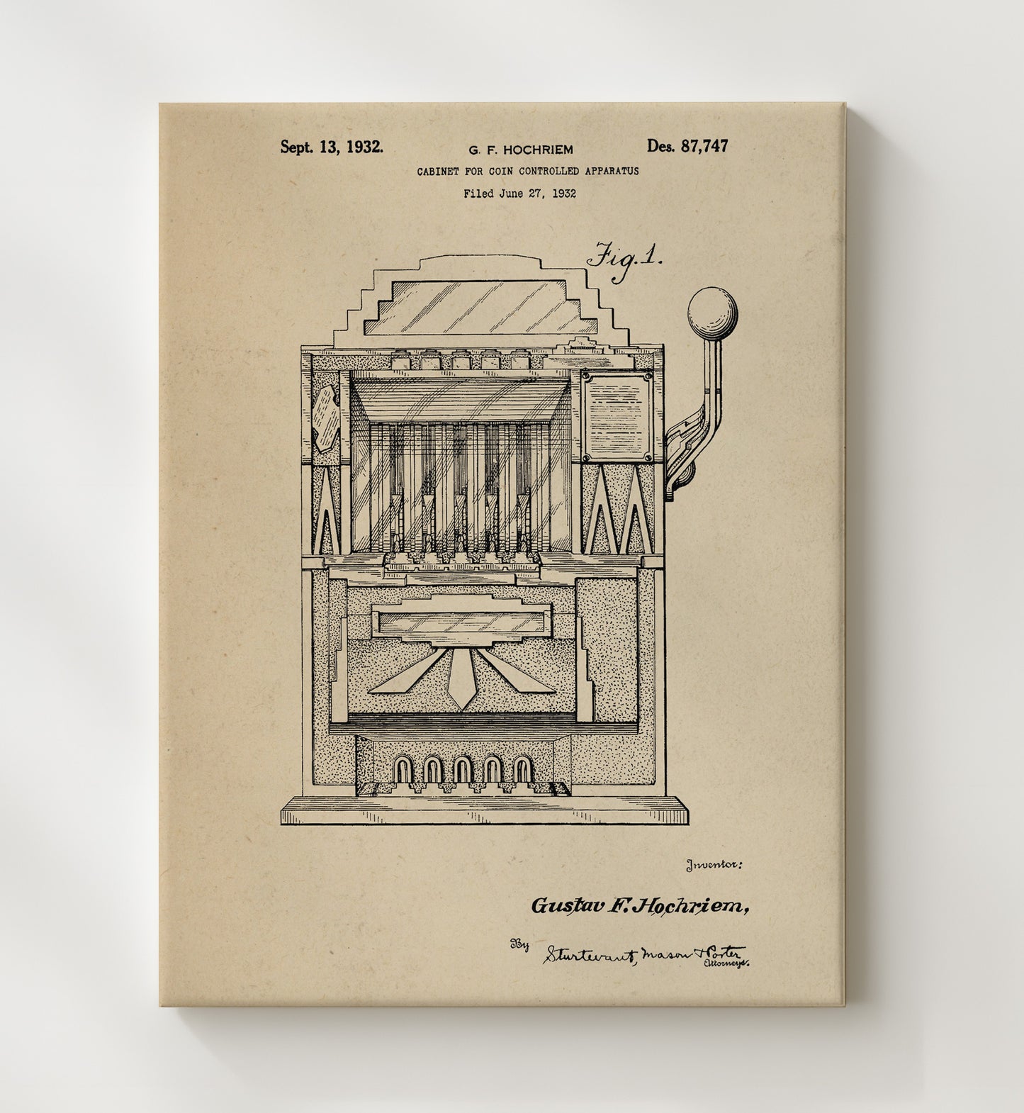 Patent Print - Coin Operated Cabinet Front View - Gustav F Hochriem - 1932 - Patent D87747 Patent Wall Art