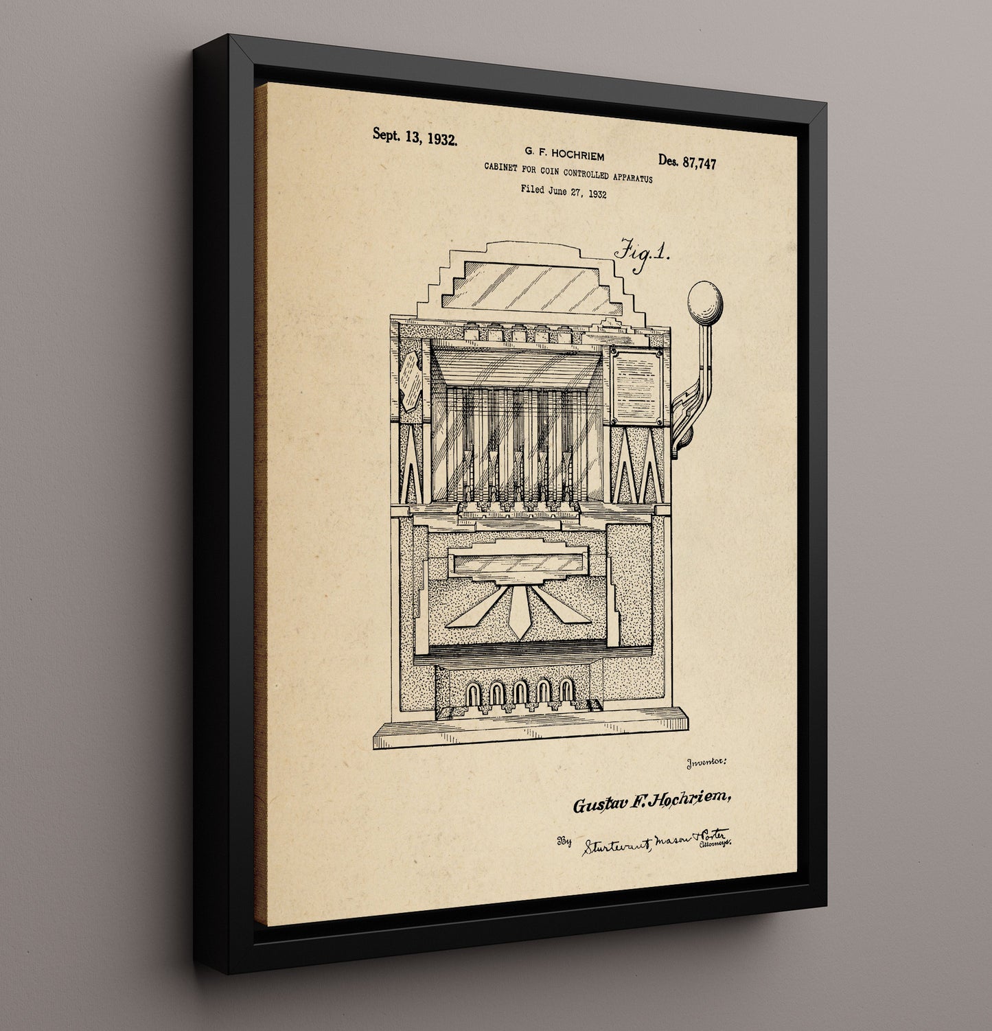Patent Print - Coin Operated Cabinet Front View - Gustav F Hochriem - 1932 - Patent D87747 Patent Wall Art