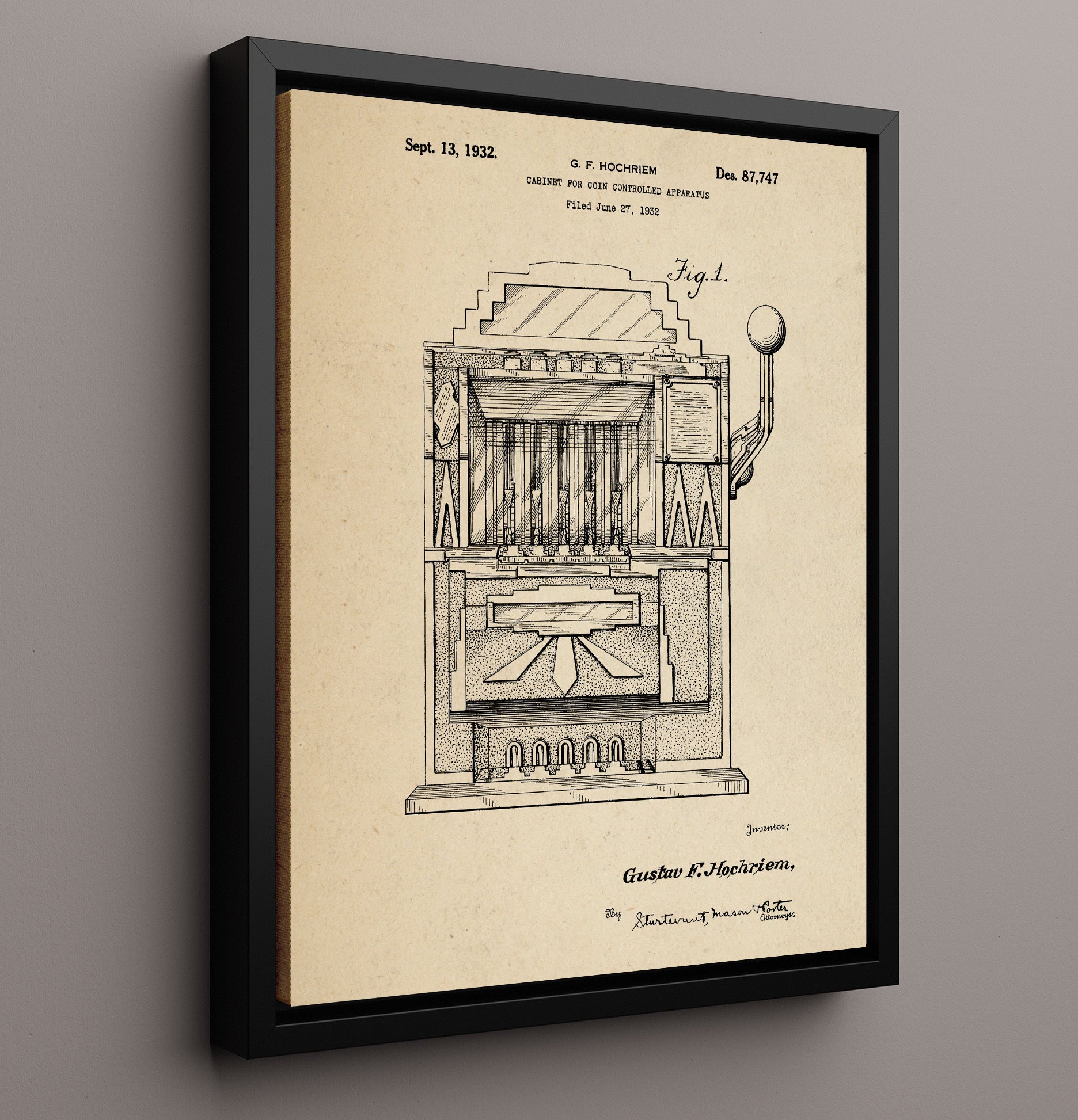 Patent Print - Coin Operated Cabinet Front View - Gustav F Hochriem - 1932 - Patent D87747 Patent Wall Art