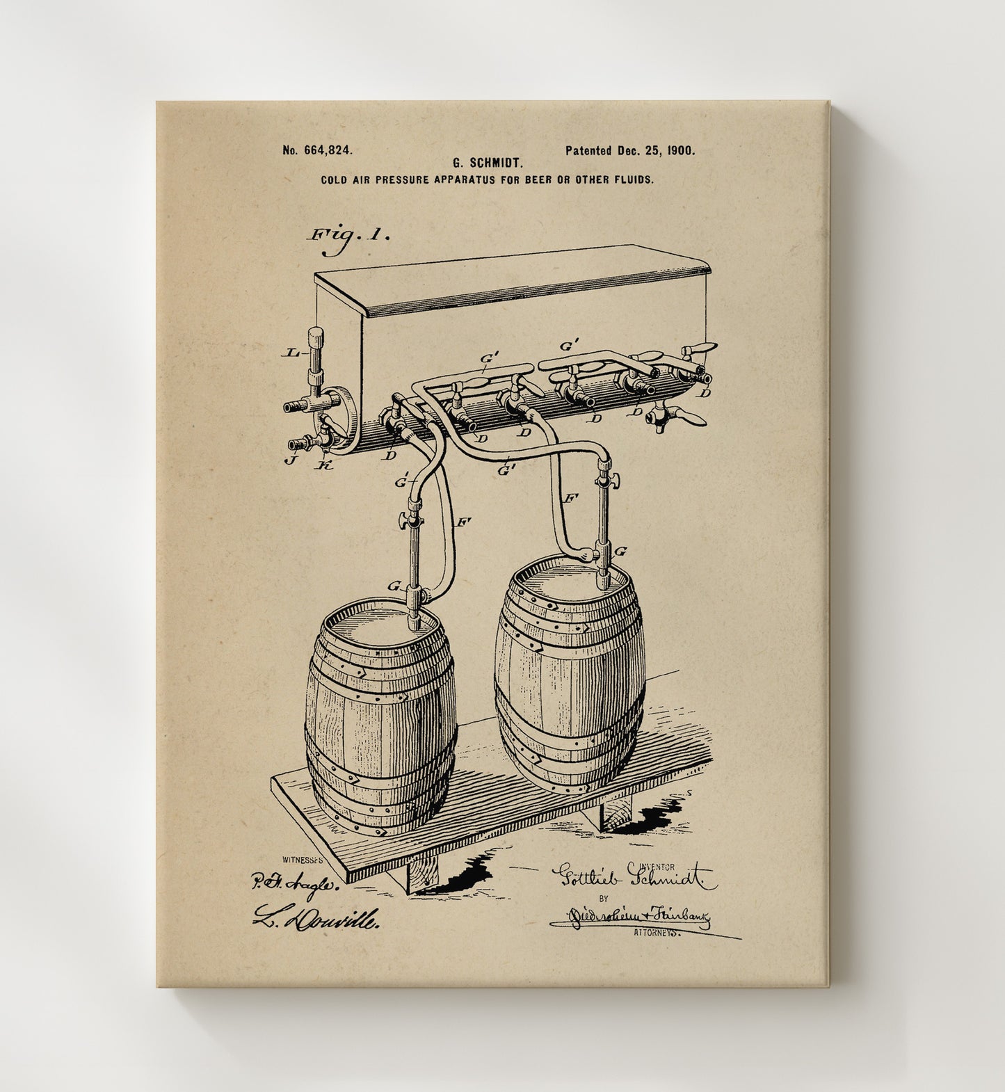 Patent Print - Cold Air Pressure Apparatus For Beer Or Other Fluids - G. Schmidt - 1900 - Patent 664824 Patent Wall Art