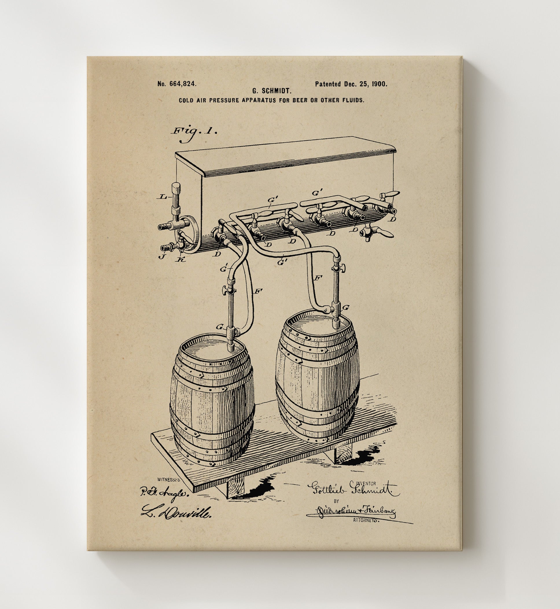 Patent Print - Cold Air Pressure Apparatus For Beer Or Other Fluids - G. Schmidt - 1900 - Patent 664824 Patent Wall Art