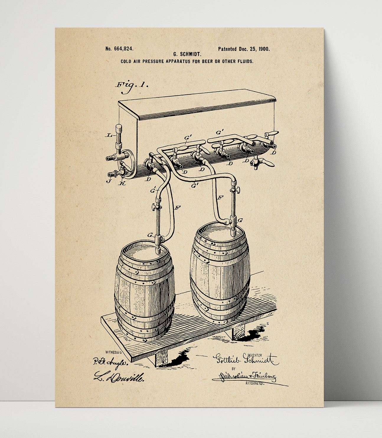 Patent Print - Cold Air Pressure Apparatus For Beer Or Other Fluids - G. Schmidt - 1900 - Patent 664824 Patent Wall Art