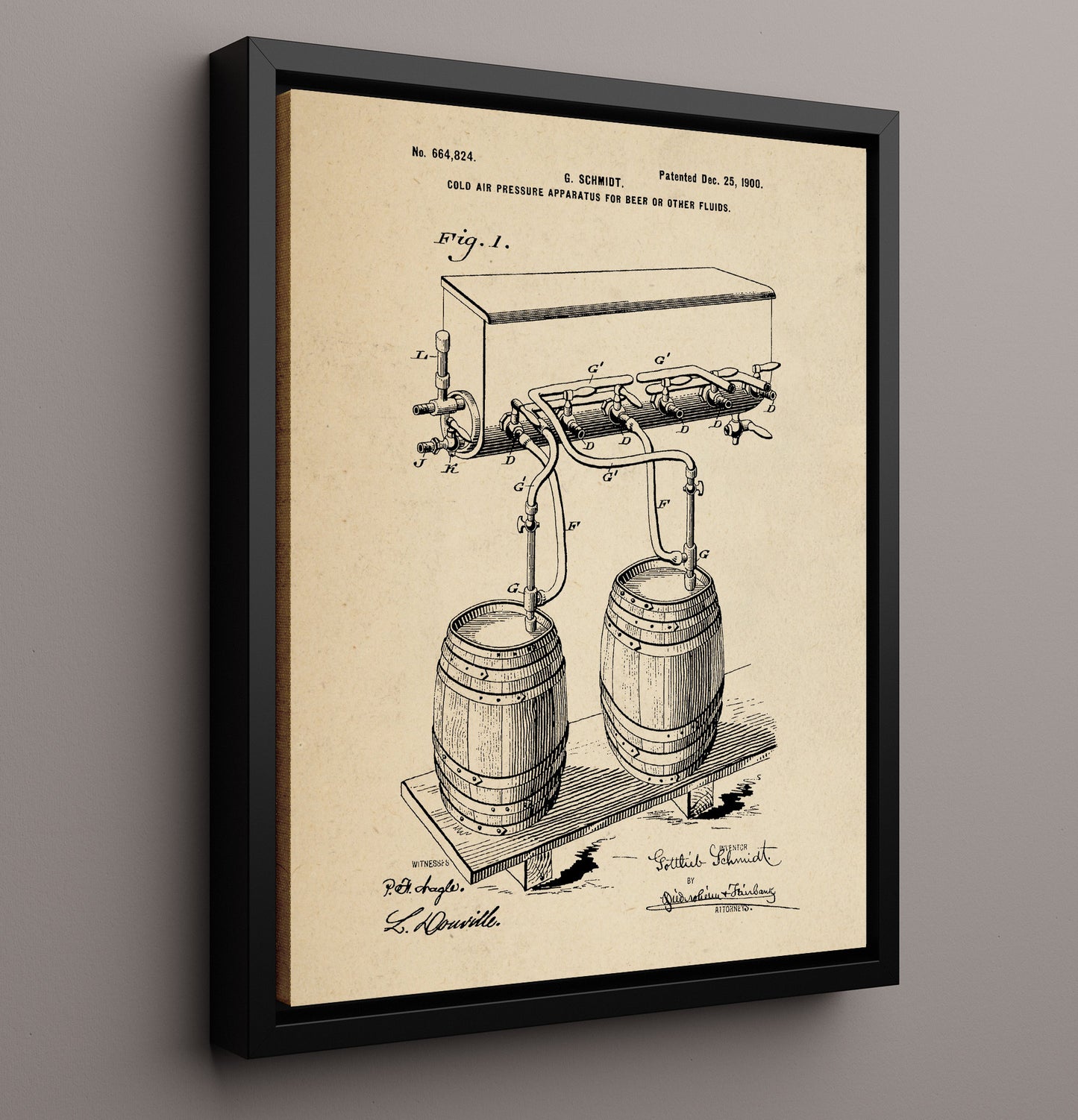 Patent Print - Cold Air Pressure Apparatus For Beer Or Other Fluids - G. Schmidt - 1900 - Patent 664824 Patent Wall Art