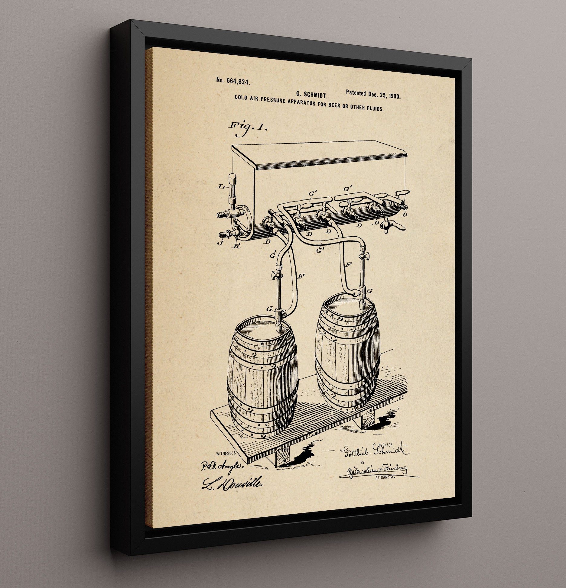 Patent Print - Cold Air Pressure Apparatus For Beer Or Other Fluids - G. Schmidt - 1900 - Patent 664824 Patent Wall Art