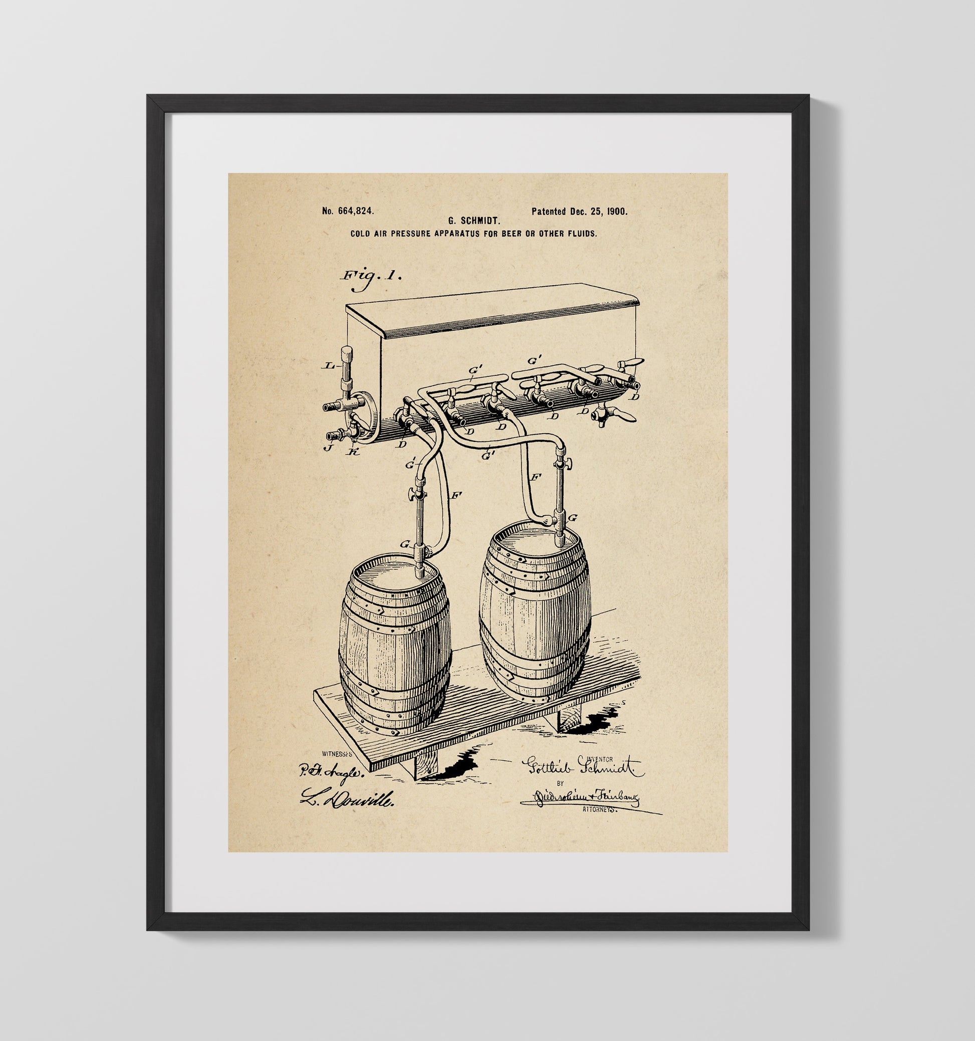 Patent Print - Cold Air Pressure Apparatus For Beer Or Other Fluids - G. Schmidt - 1900 - Patent 664824 Patent Wall Art