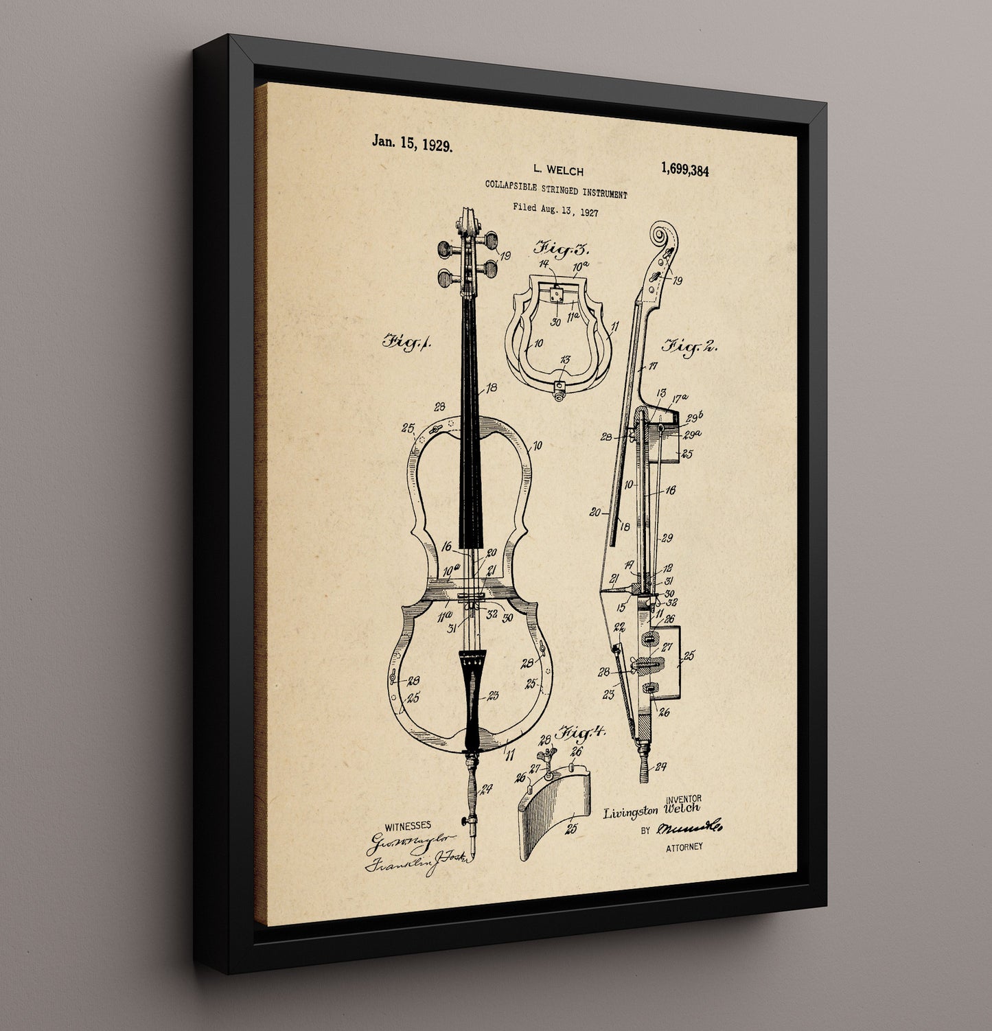 Patent Print - Collapsible Stringed Instrument - Livingston Welch - 1929 - Patent 1699384 Patent Wall Art