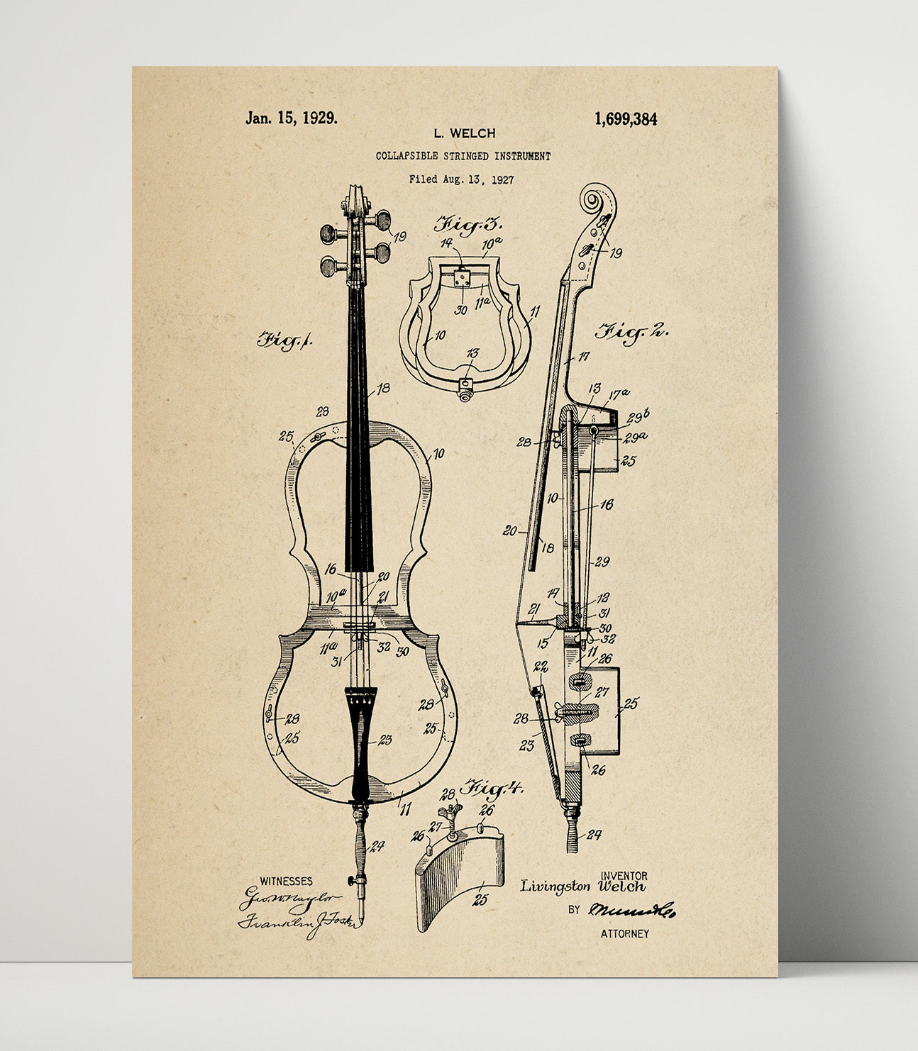 Patent Print - Collapsible Stringed Instrument - Livingston Welch - 1929 - Patent 1699384 Patent Wall Art